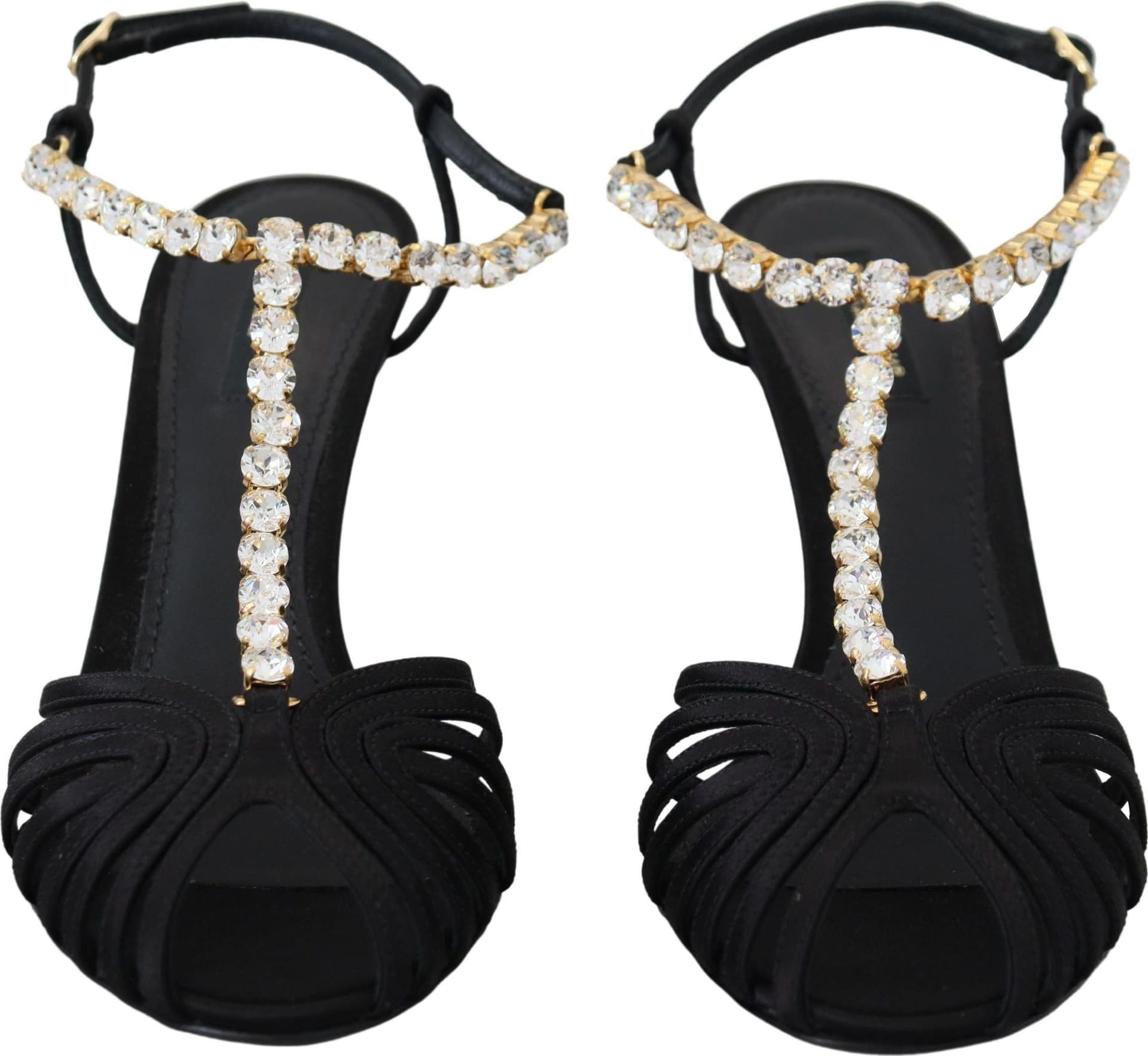 Dolce & Gabbana Black Satin Clear Crystal T-strap Sandal Shoes - 6