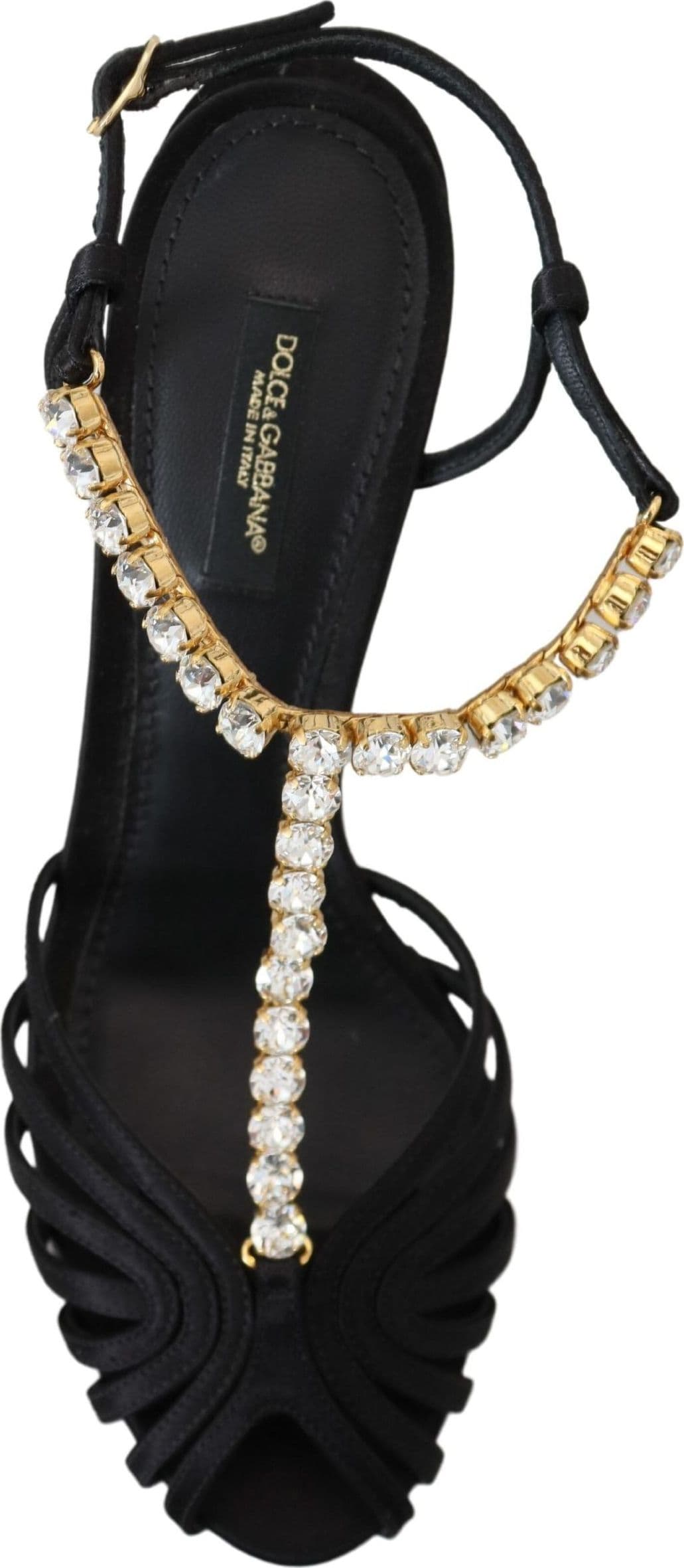 Dolce & Gabbana Black Satin Clear Crystal T-strap Sandal Shoes - 7
