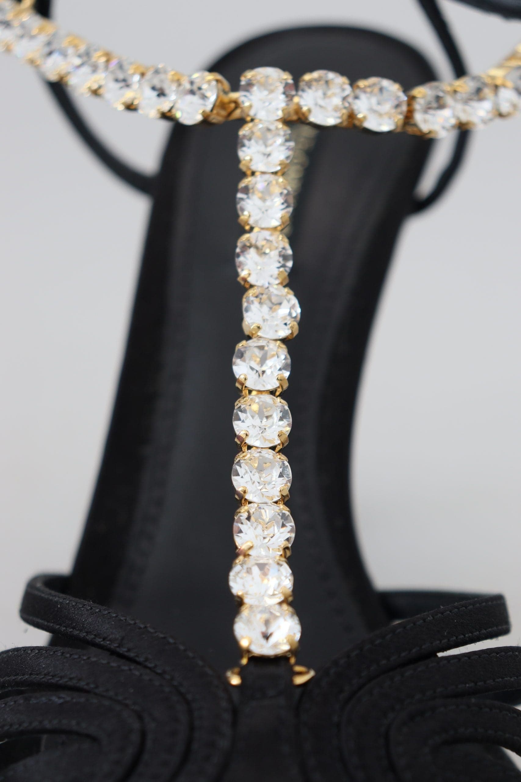 Dolce & Gabbana Black Satin Clear Crystal T-strap Sandal Shoes - 8