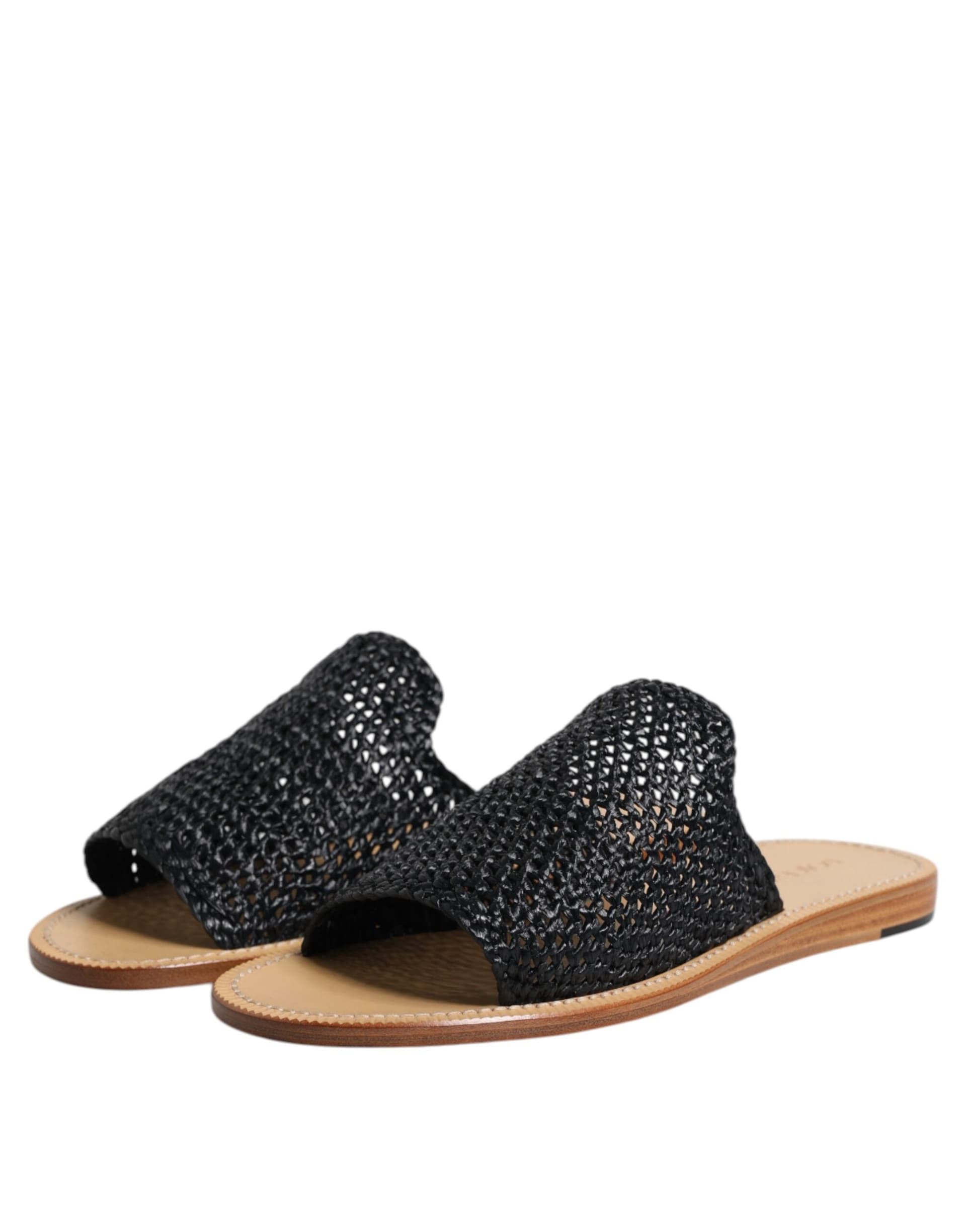 Dolce & Gabbana Black Monochrome Braided Raffia Slides Shoes - 3