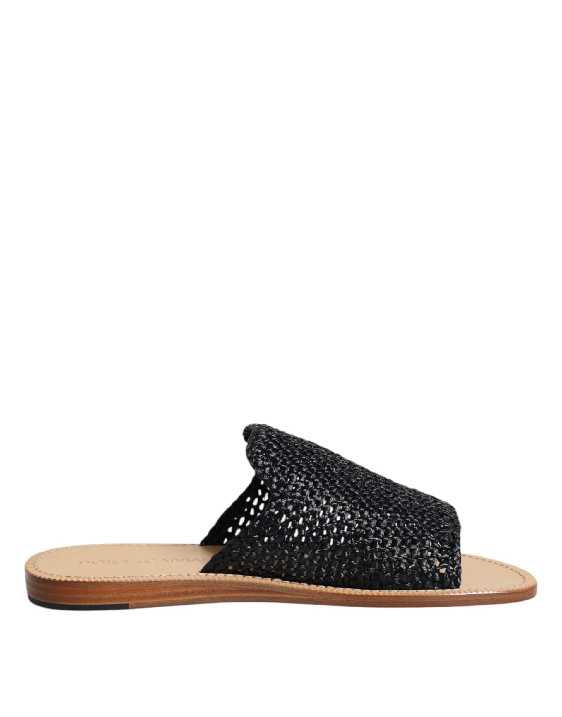 Dolce & Gabbana Black Monochrome Braided Raffia Slides Shoes - 6