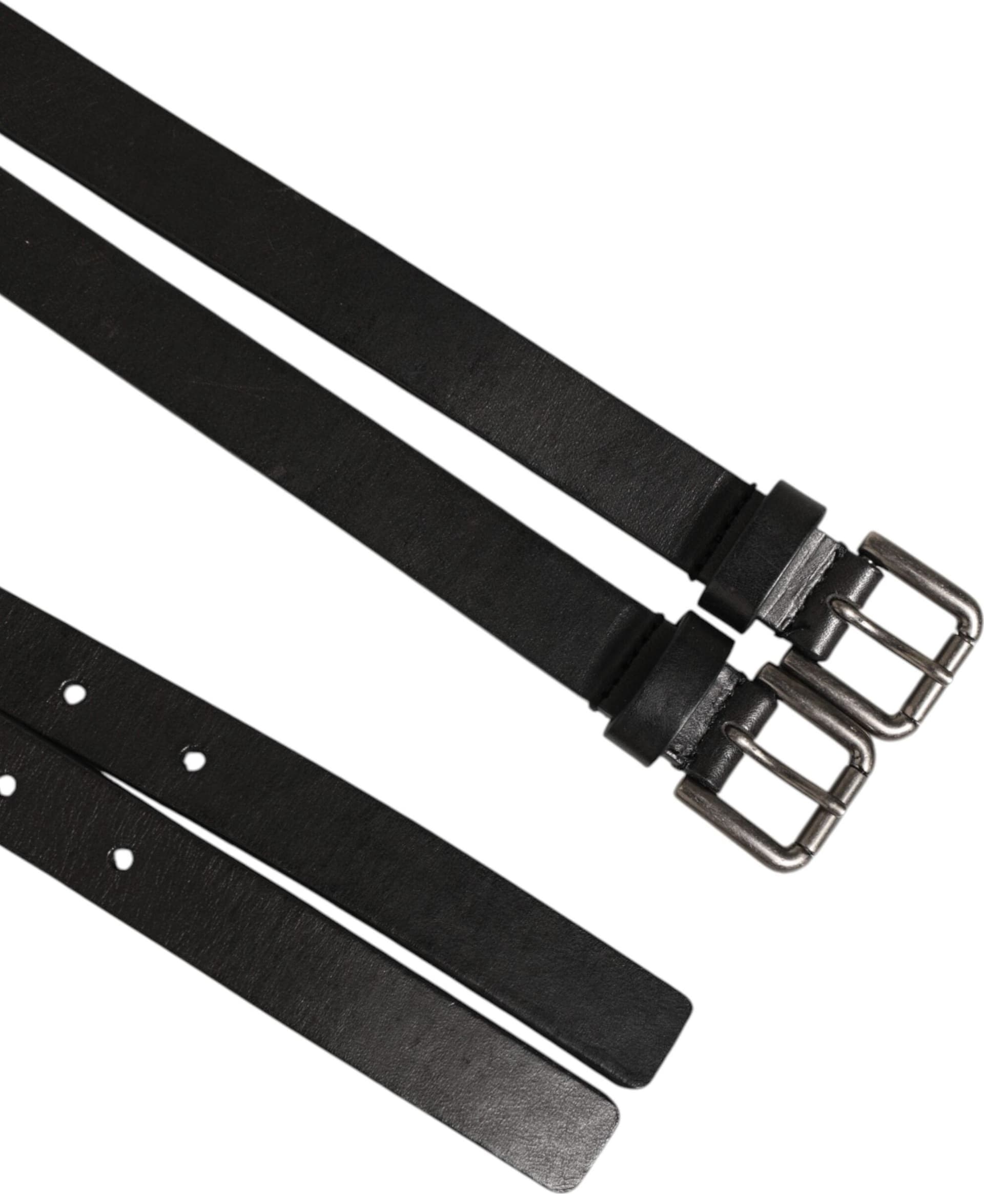 Dolce & Gabbana Black Double Strap Leather Silver Buckle Belt - 3