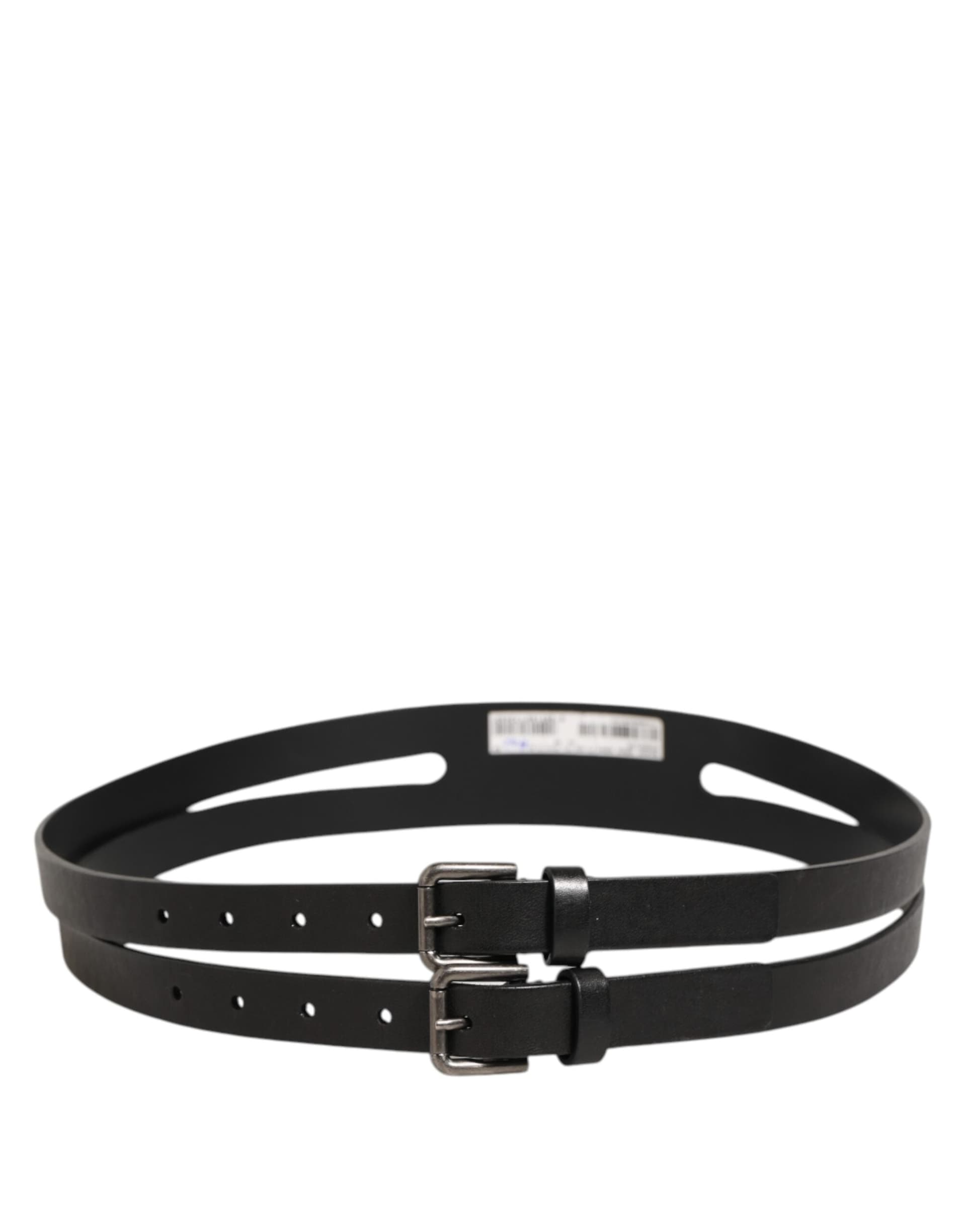 Dolce & Gabbana Black Double Strap Leather Silver Buckle Belt - 4