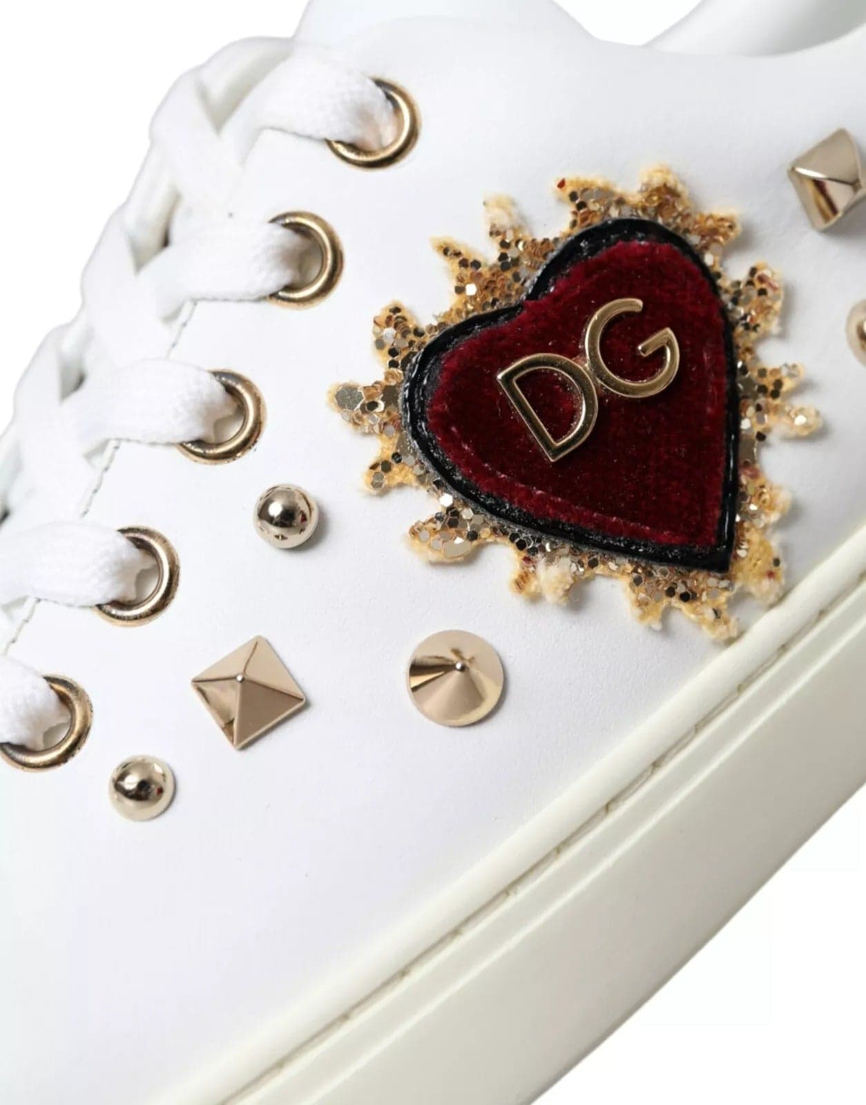 Dolce & Gabbana White Leather Gold Red Heart Sneakers Shoes - 2