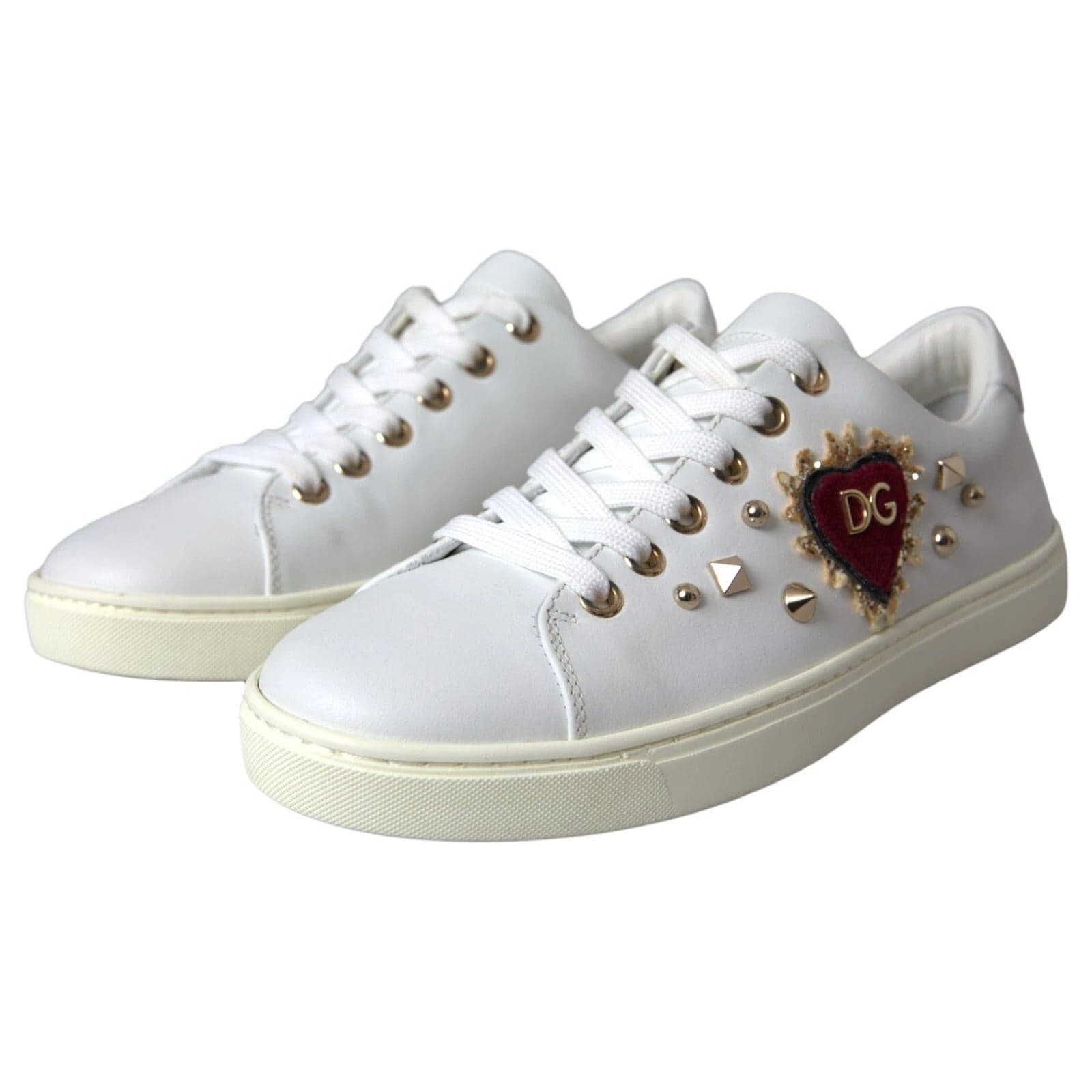 Dolce & Gabbana White Leather Gold Red Heart Sneakers Shoes - 3