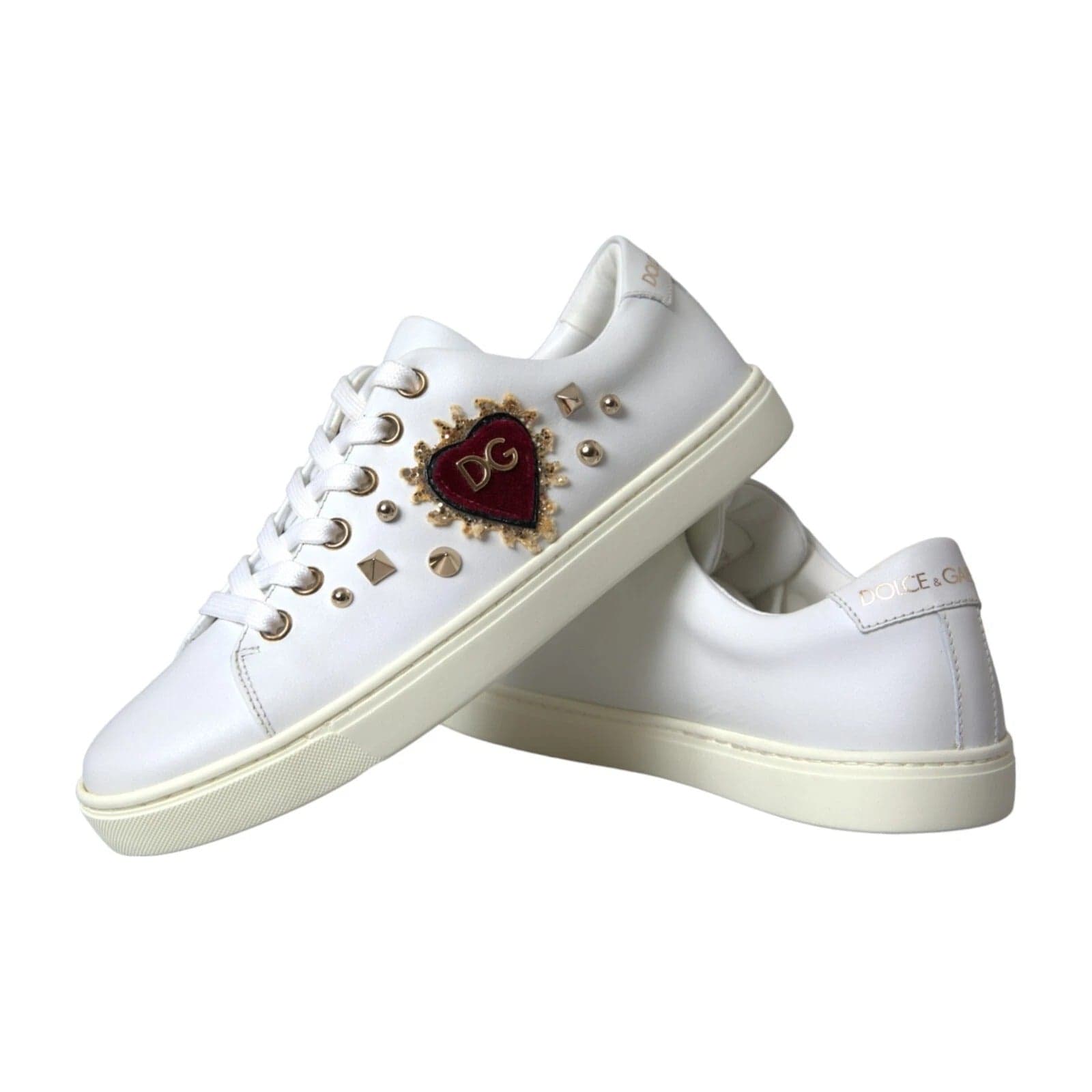 Dolce & Gabbana White Leather Gold Red Heart Sneakers Shoes - 6