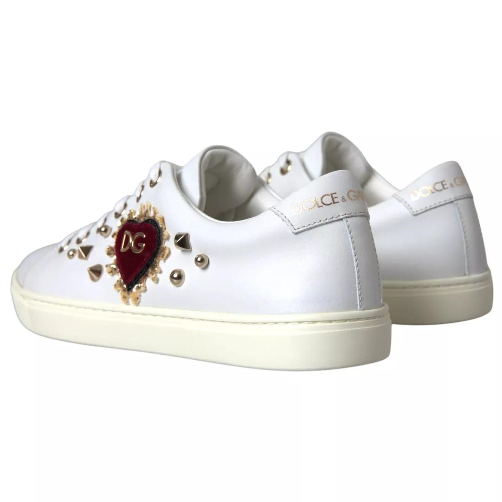 Dolce & Gabbana White Leather Gold Red Heart Sneakers Shoes - 7