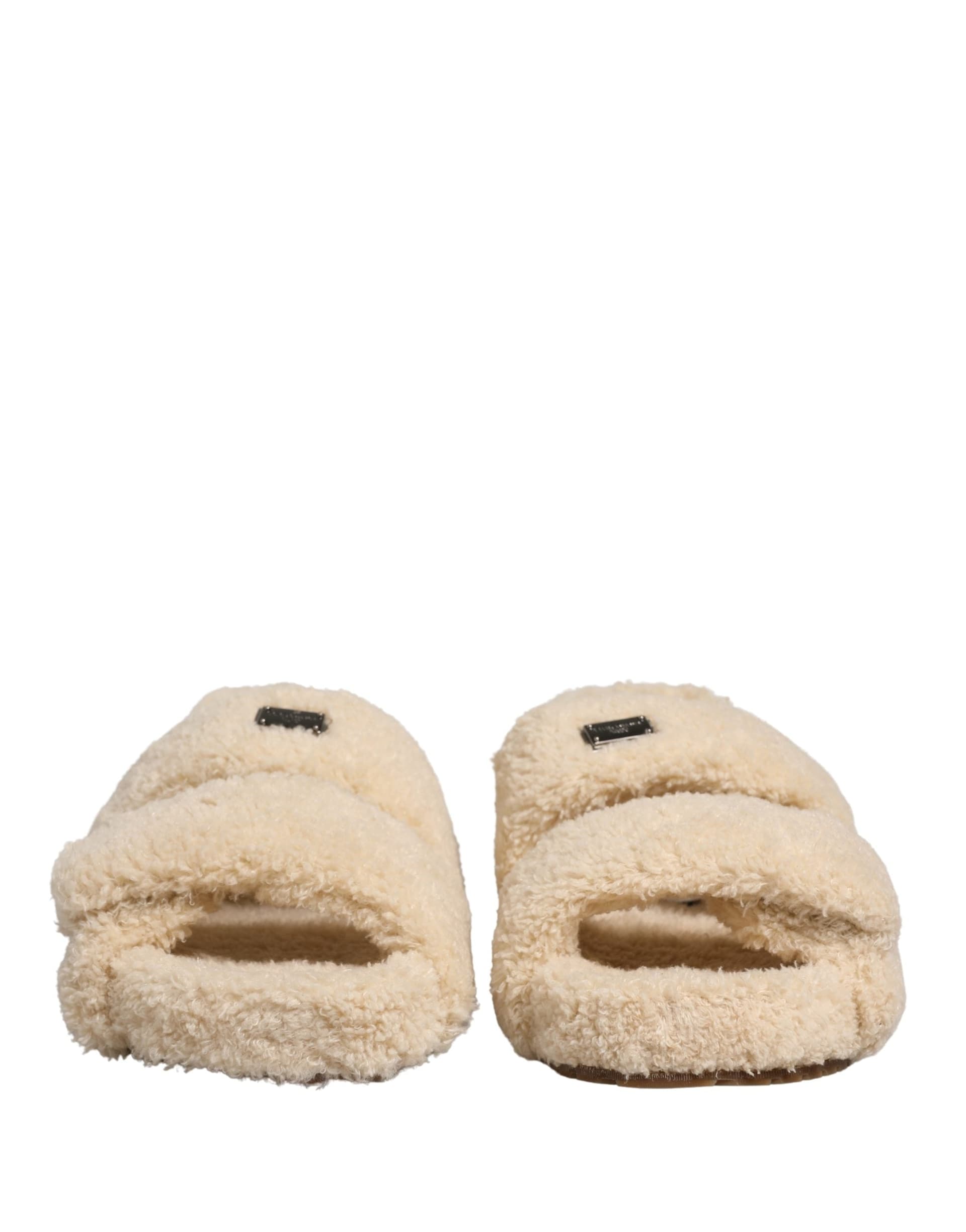 Dolce & Gabbana Beige Faux Fur Slides Men Flats Sandals Shoes - 5
