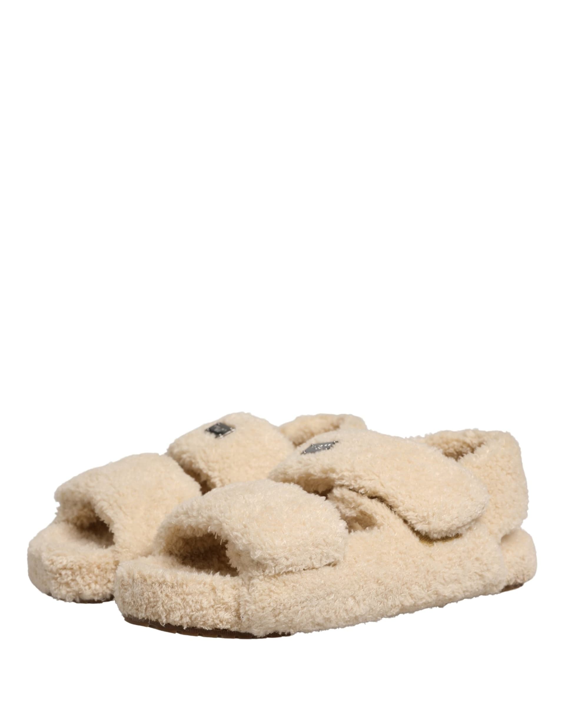 Dolce & Gabbana Beige Faux Fur Slides Men Flats Sandals Shoes - 7