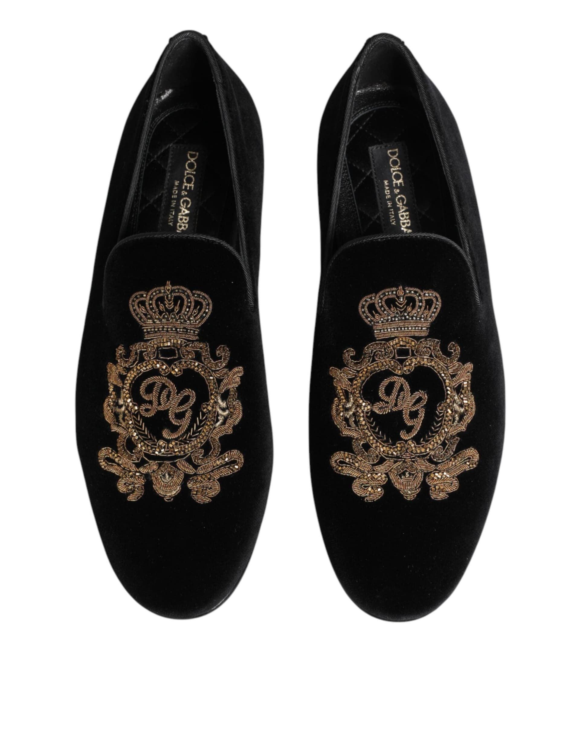 Dolce & Gabbana Black Velvet Gold Crown Mens Loafers Shoes - 2