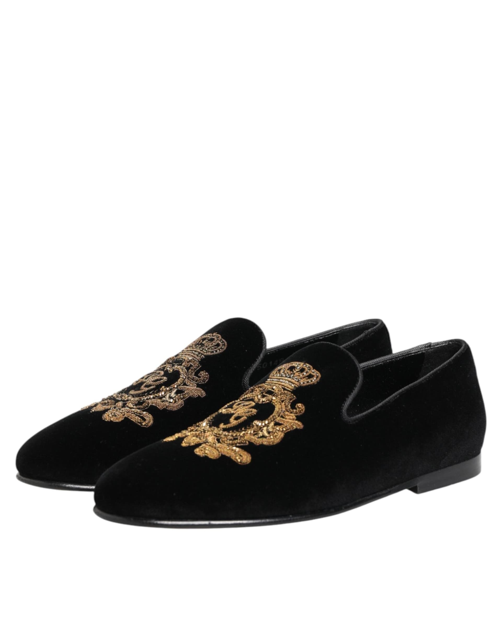 Dolce & Gabbana Black Velvet Gold Crown Mens Loafers Shoes - 3