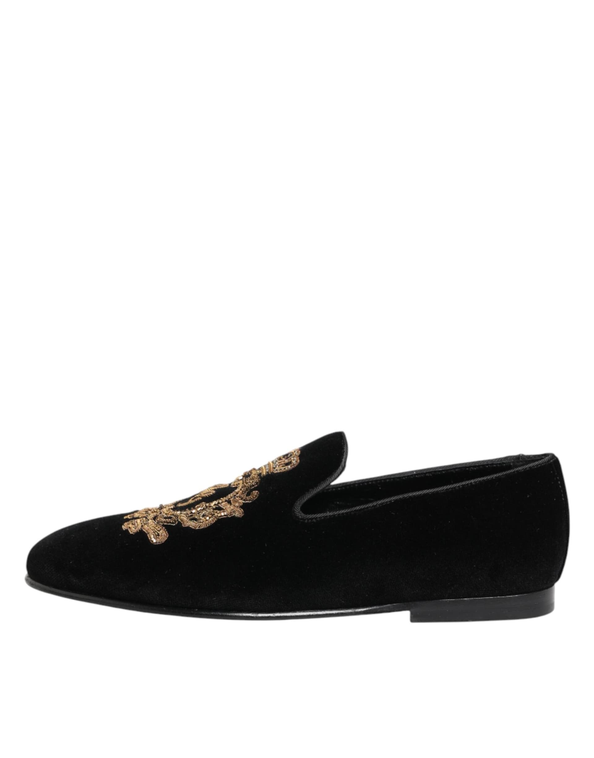 Dolce & Gabbana Black Velvet Gold Crown Mens Loafers Shoes - 5