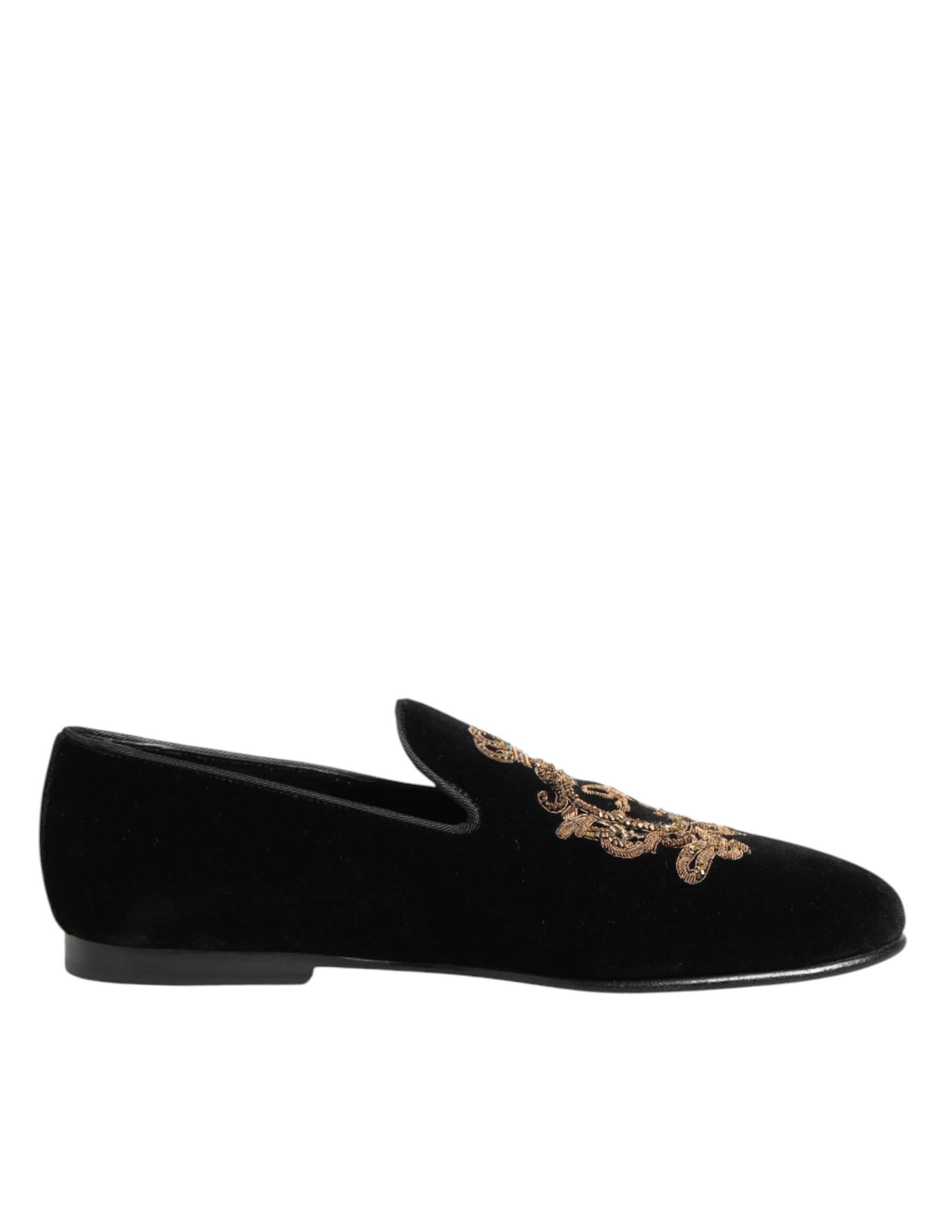 Dolce & Gabbana Black Velvet Gold Crown Mens Loafers Shoes - 6