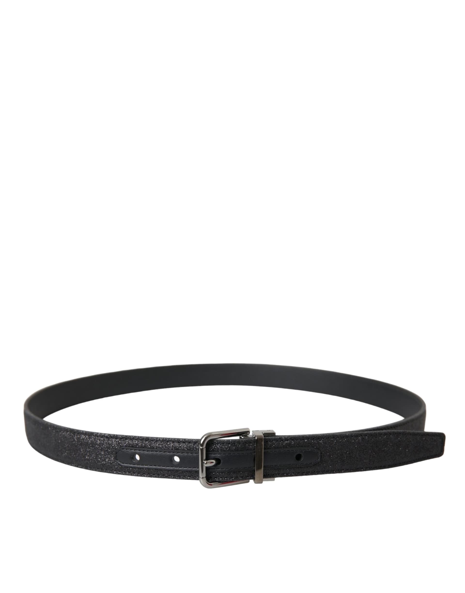 Dolce & Gabbana Black Glittered Leather Silver Buckle Belt - 2