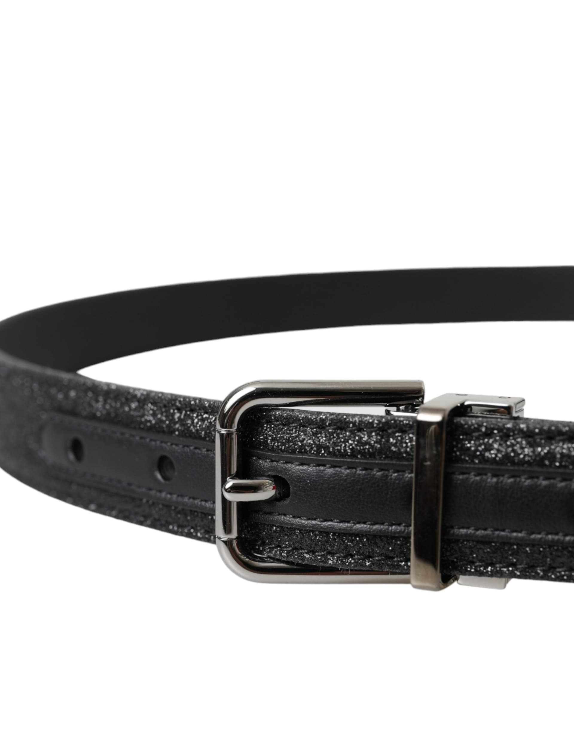 Dolce & Gabbana Black Glittered Leather Silver Buckle Belt - 3