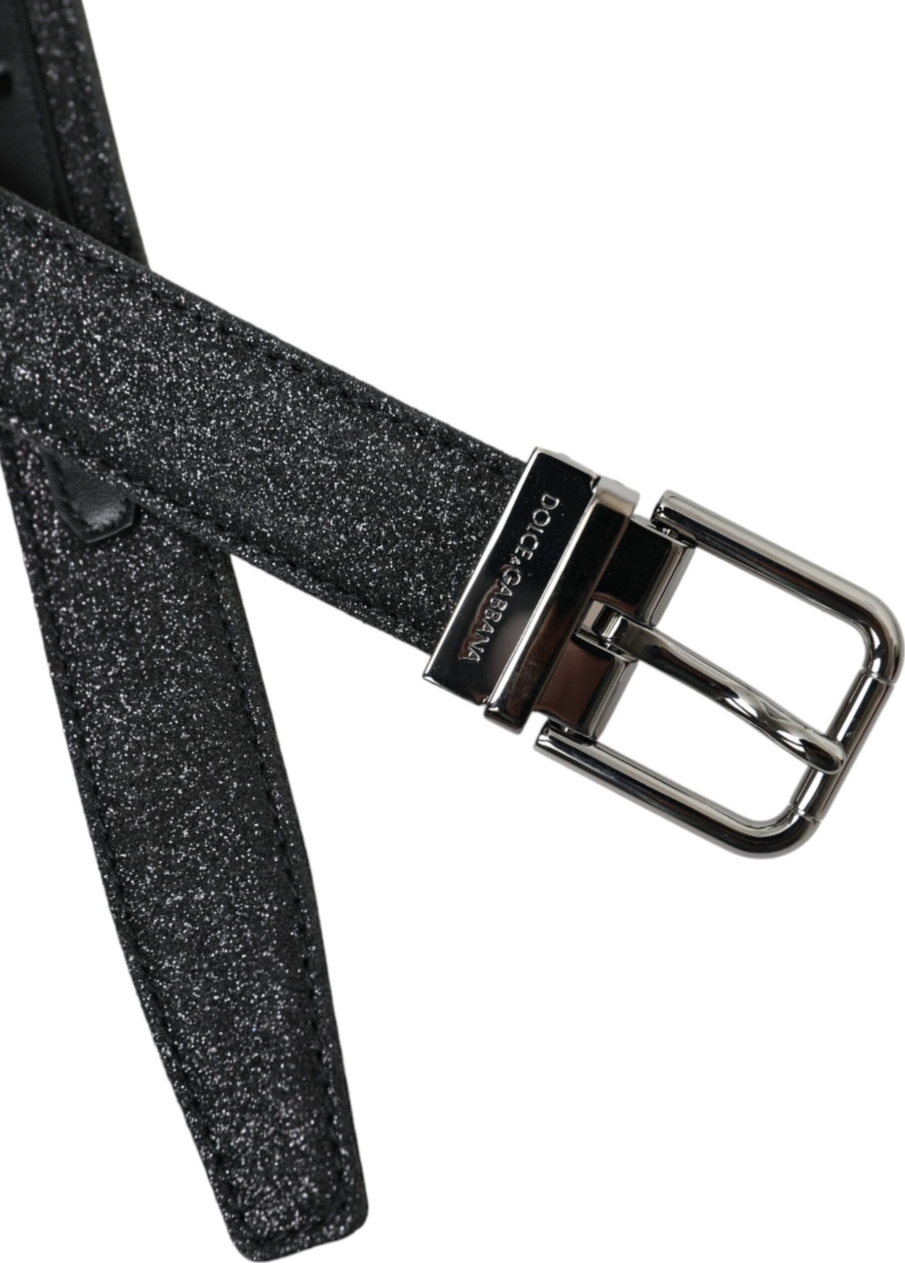 Dolce & Gabbana Black Glittered Leather Silver Buckle Belt - 5