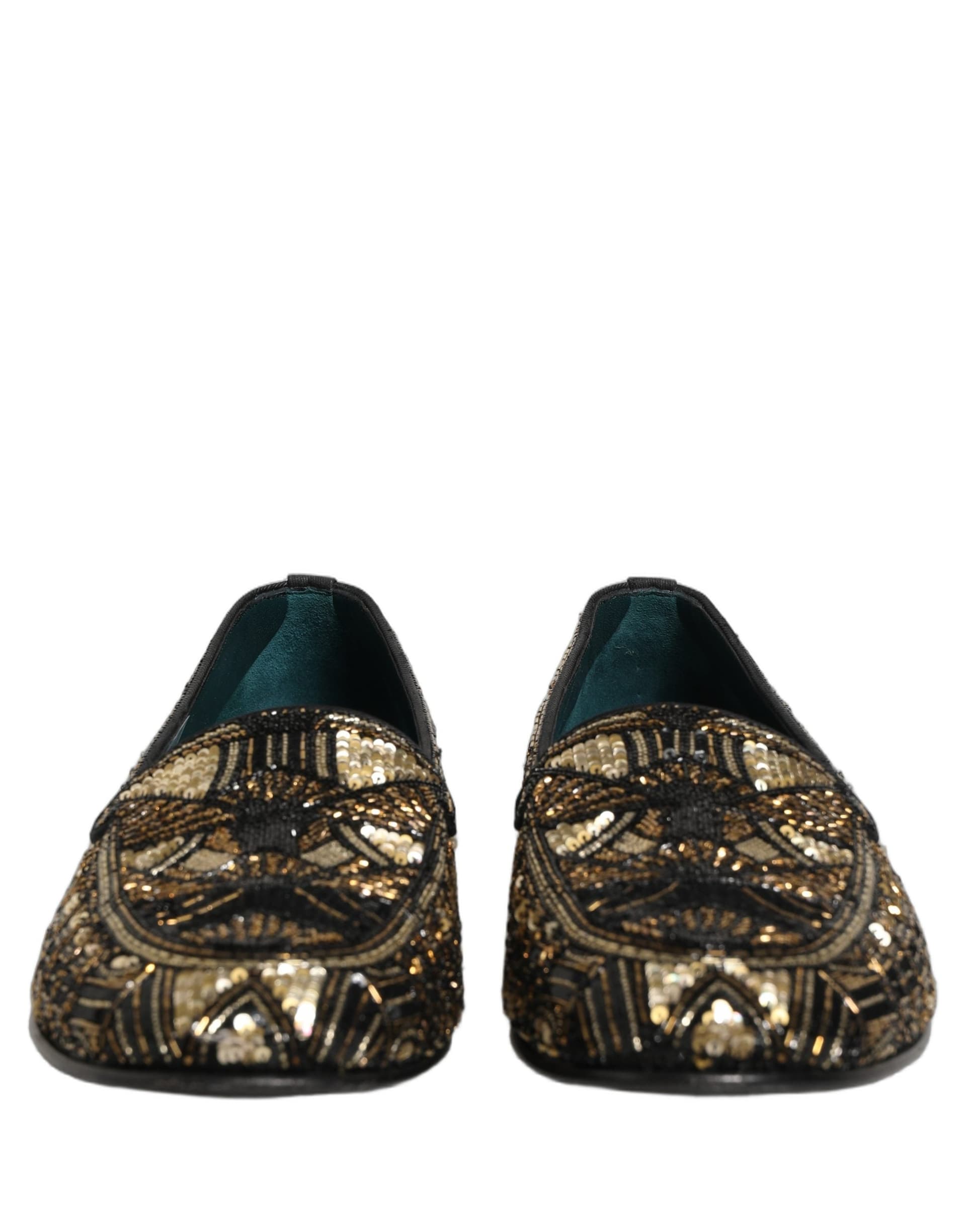 Dolce & Gabbana Black Gold Embellished Slip On Loafers Shoes - 2
