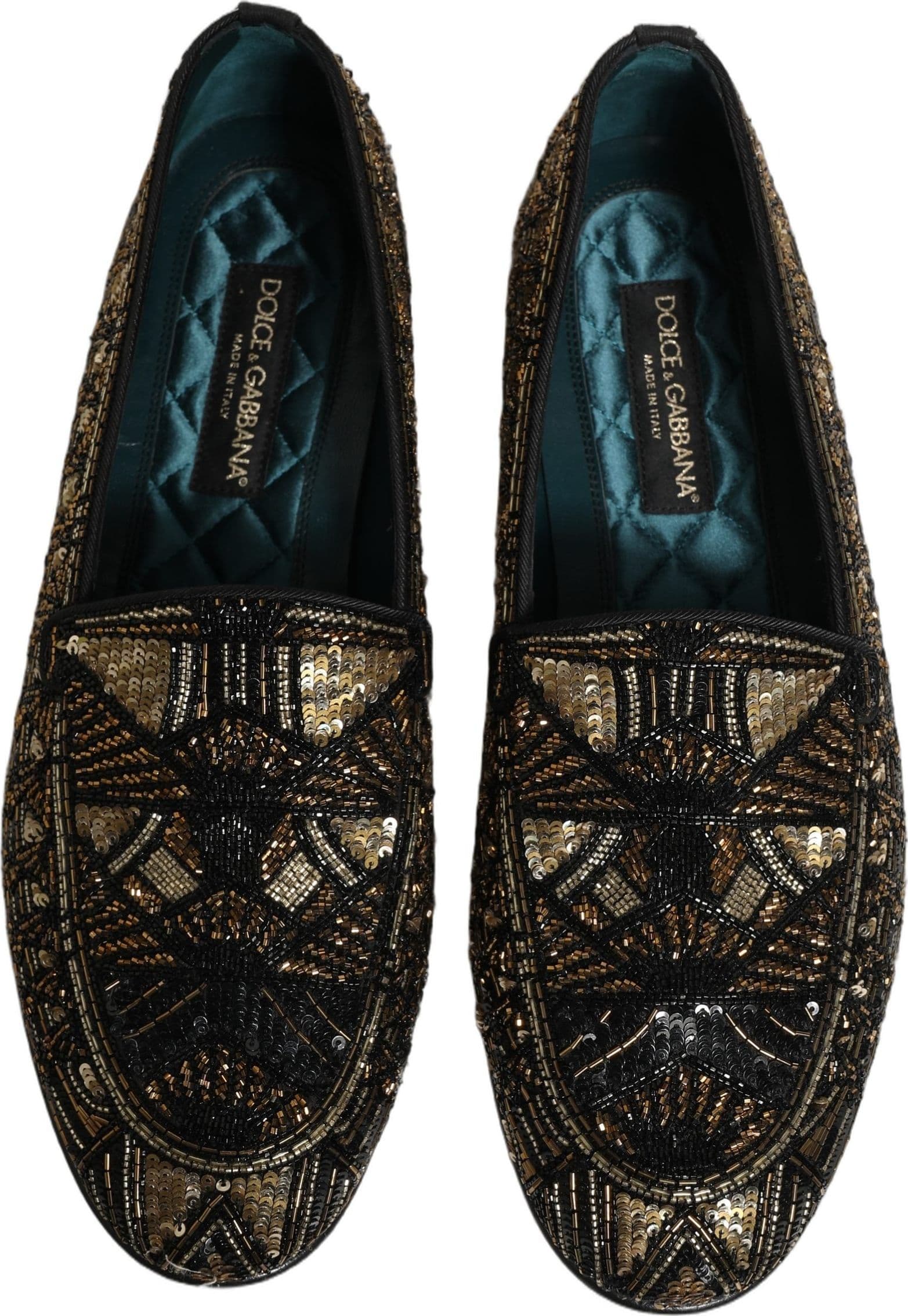 Dolce & Gabbana Black Gold Embellished Slip On Loafers Shoes - 3