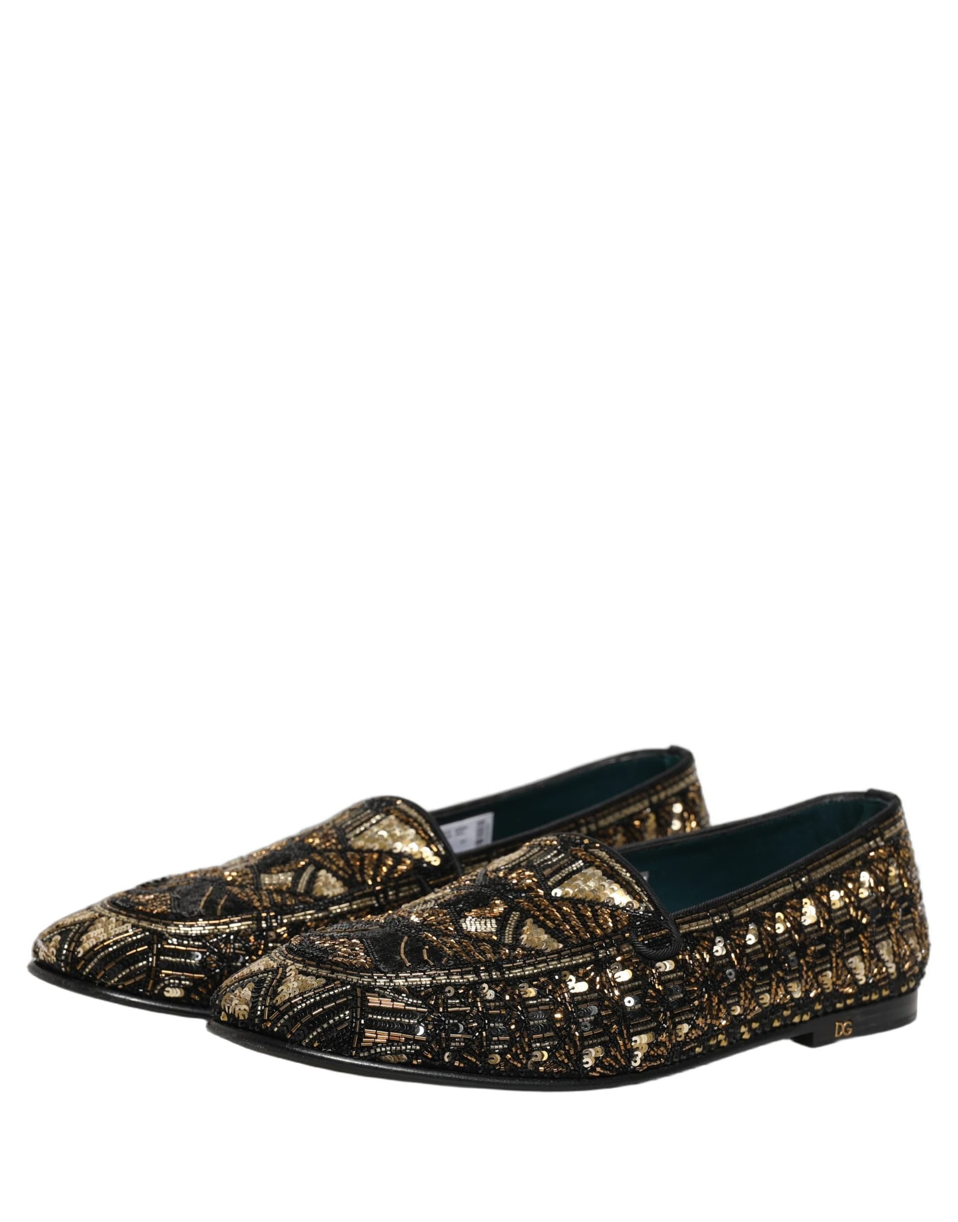Dolce & Gabbana Black Gold Embellished Slip On Loafers Shoes - 4