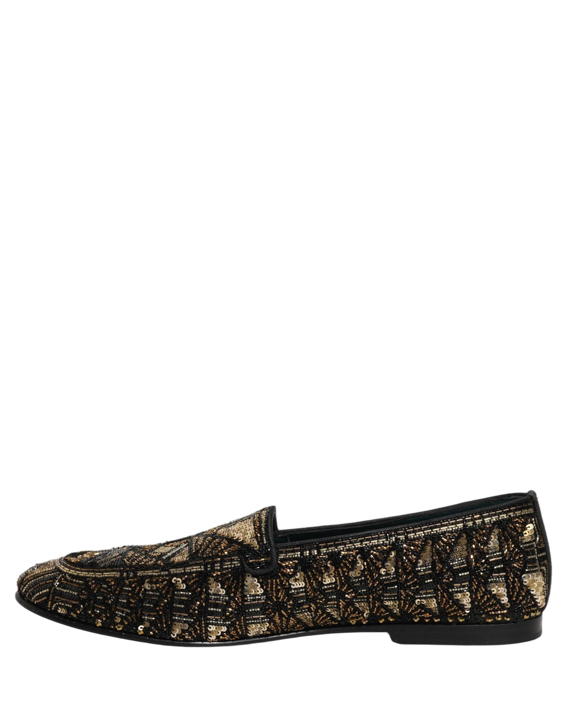 Dolce & Gabbana Black Gold Embellished Slip On Loafers Shoes - 6