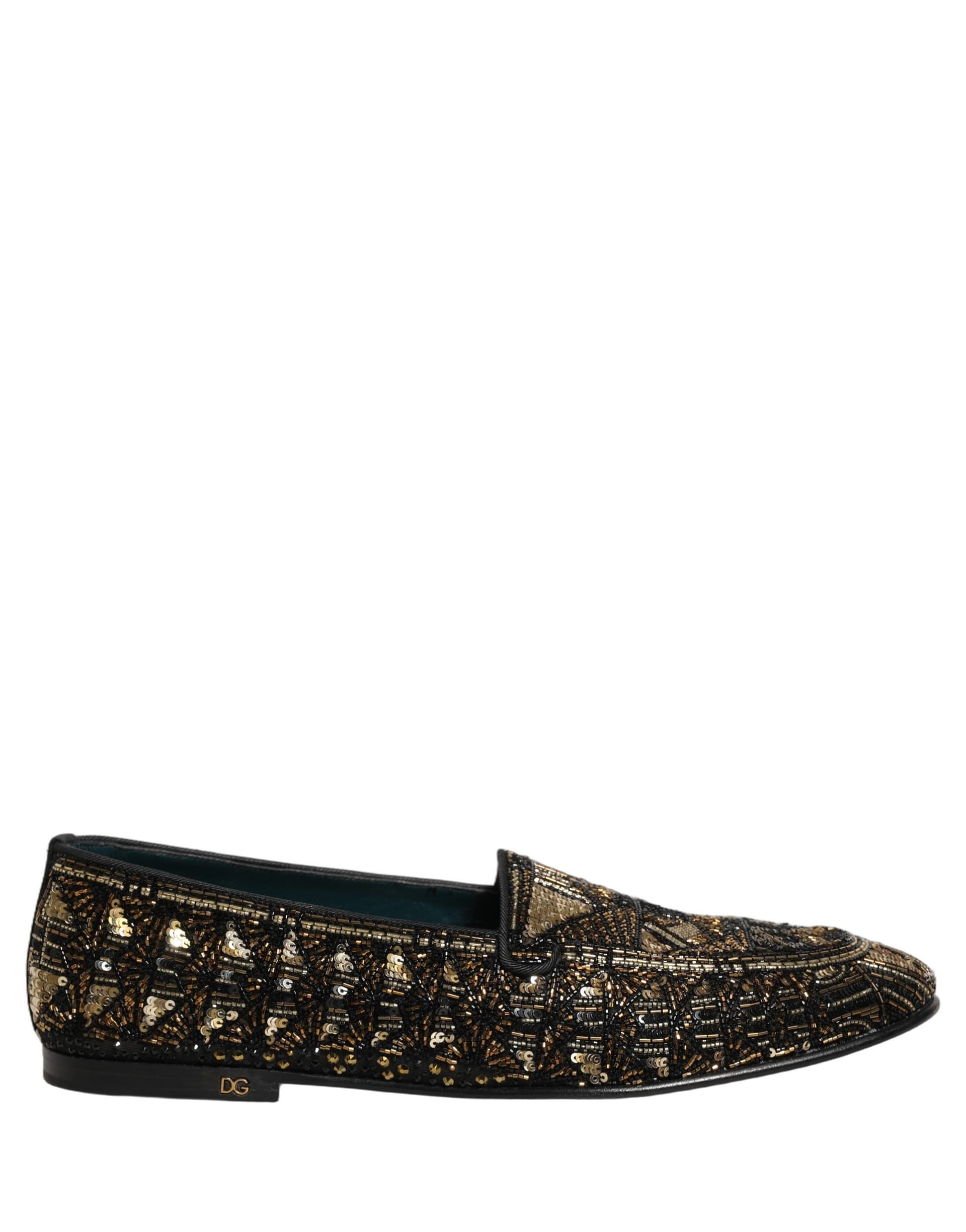 Dolce & Gabbana Black Gold Embellished Slip On Loafers Shoes - 8