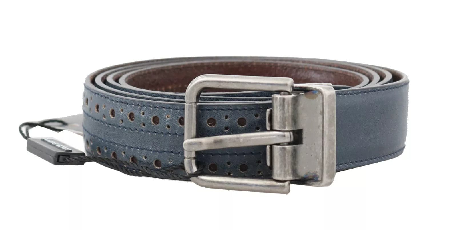 Dolce & Gabbana Blue Perforated Leather Gray Buckle Belt - 2