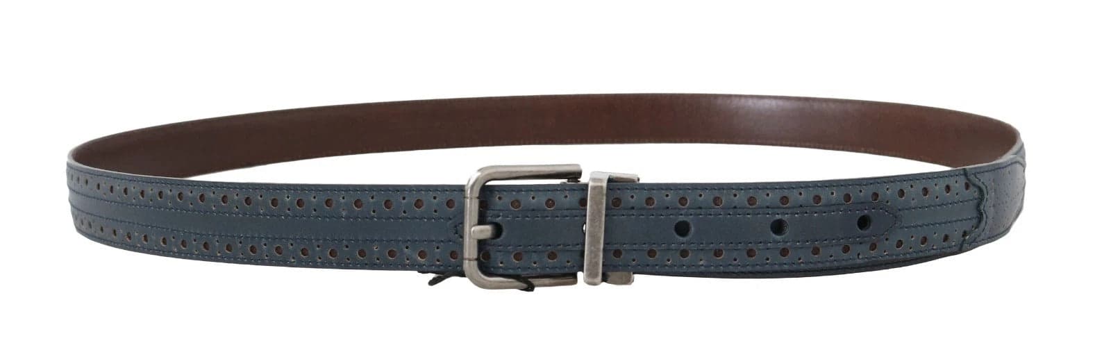 Dolce & Gabbana Blue Perforated Leather Gray Buckle Belt - 5