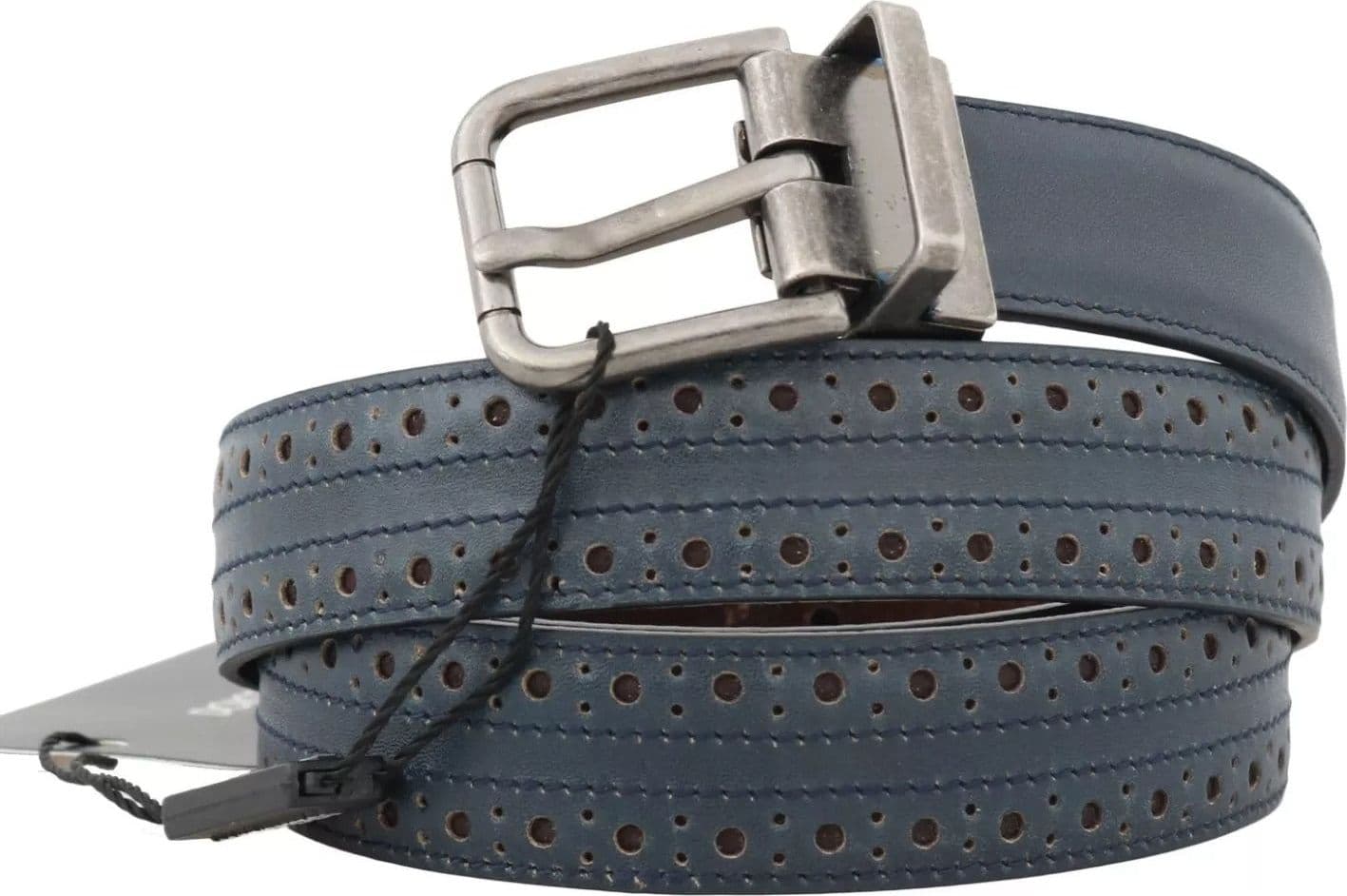 Dolce & Gabbana Blue Perforated Leather Gray Buckle Belt - 6