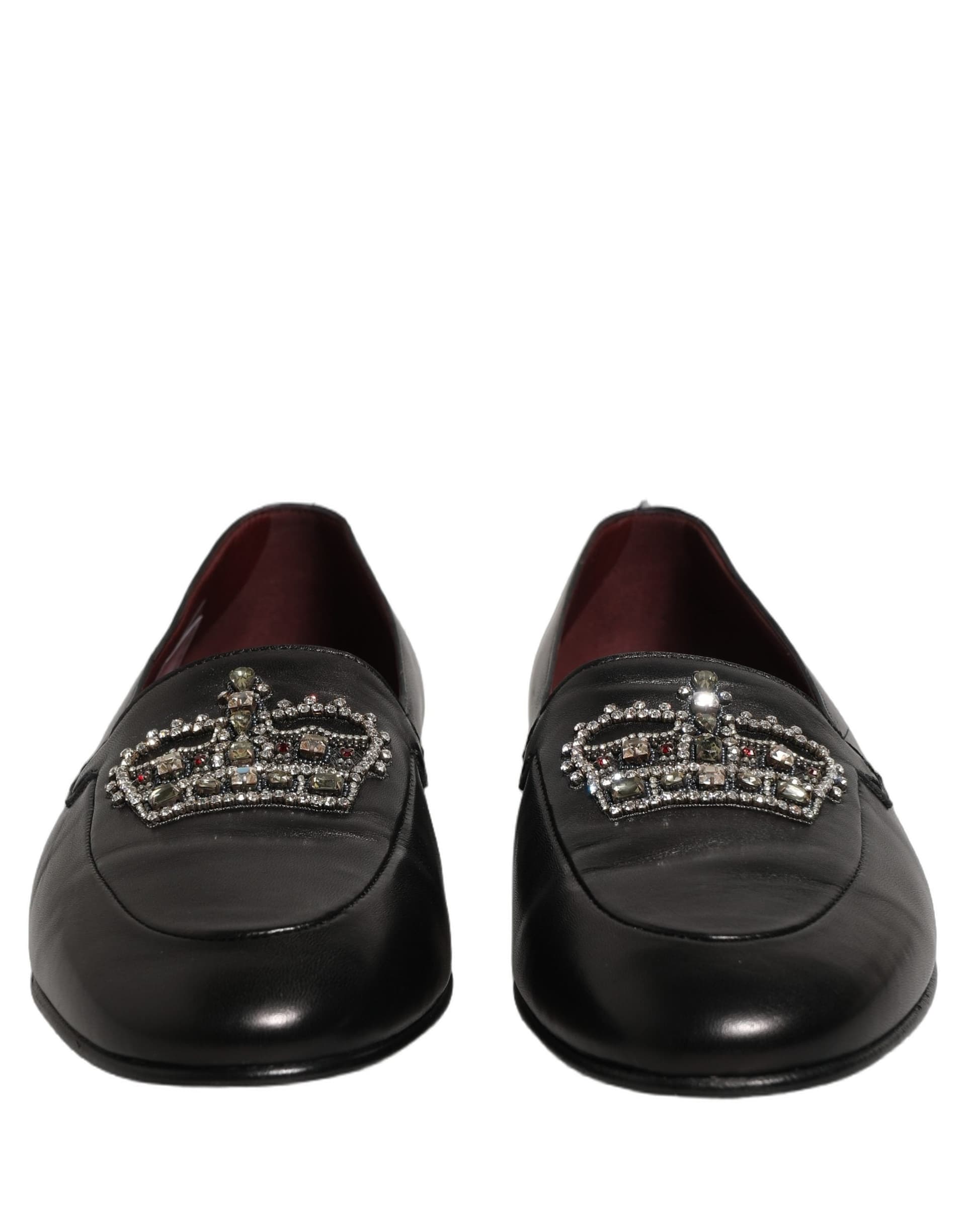 Dolce & Gabbana Black Leather Crown Embellished Loafers Shoes - 2