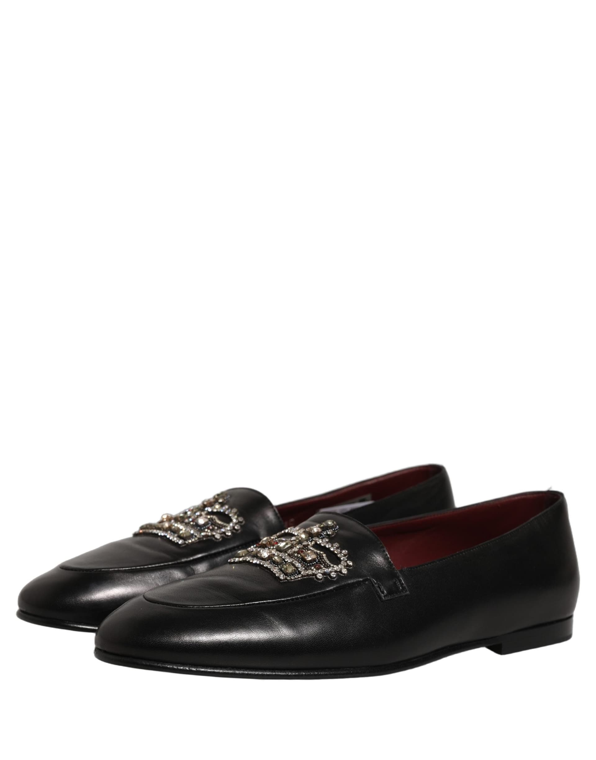 Dolce & Gabbana Black Leather Crown Embellished Loafers Shoes - 4