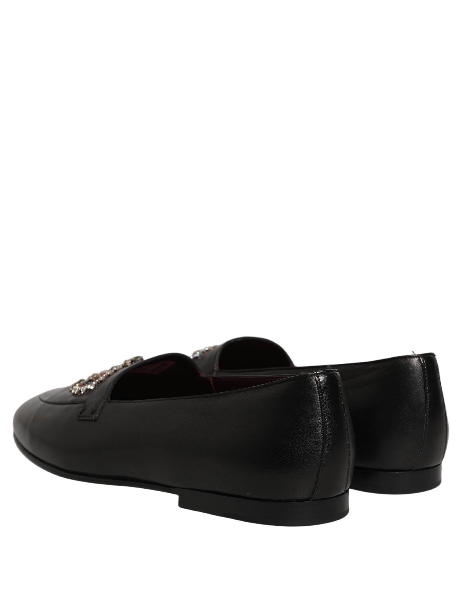 Dolce & Gabbana Black Leather Crown Embellished Loafers Shoes - 5