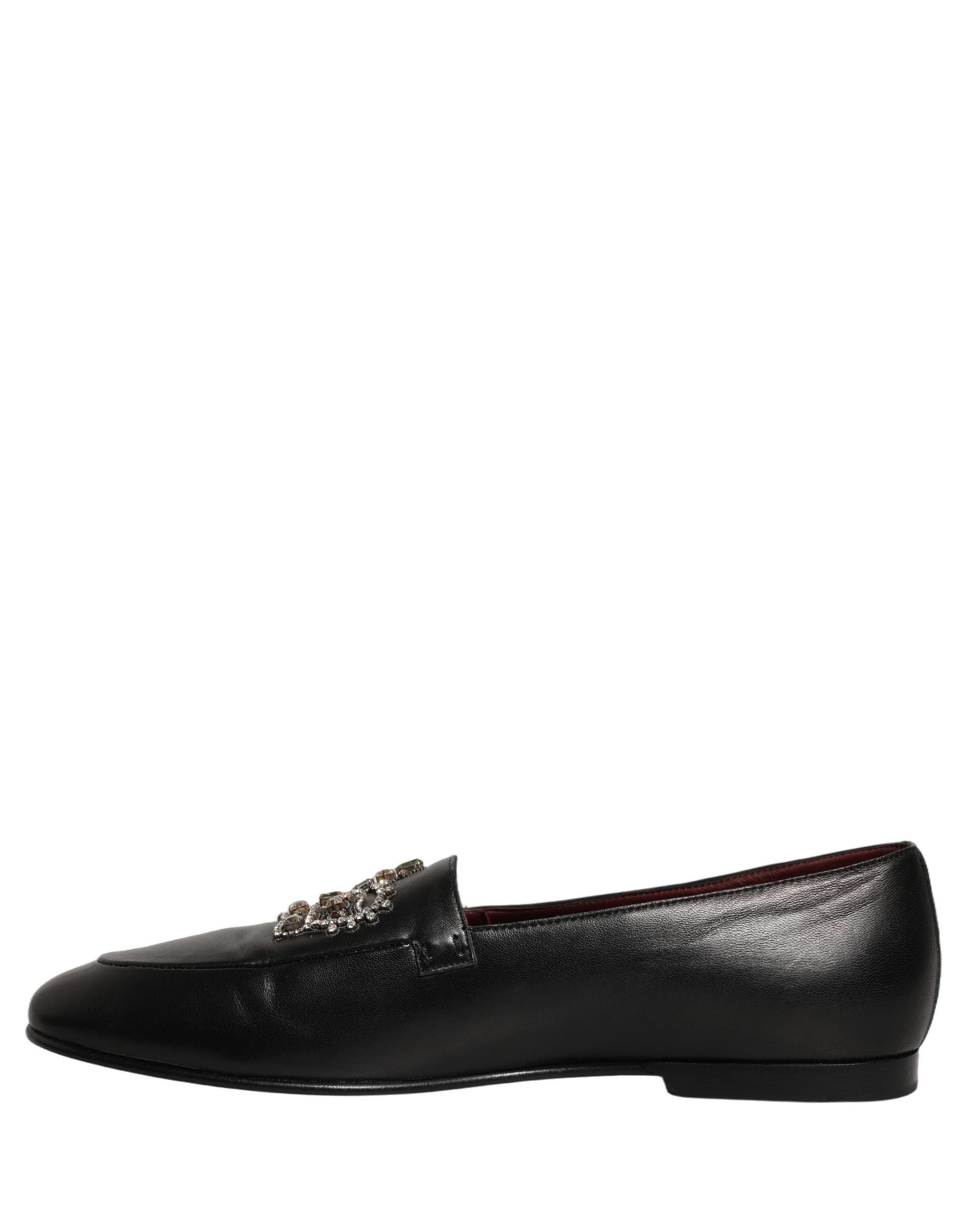 Dolce & Gabbana Black Leather Crown Embellished Loafers Shoes - 6