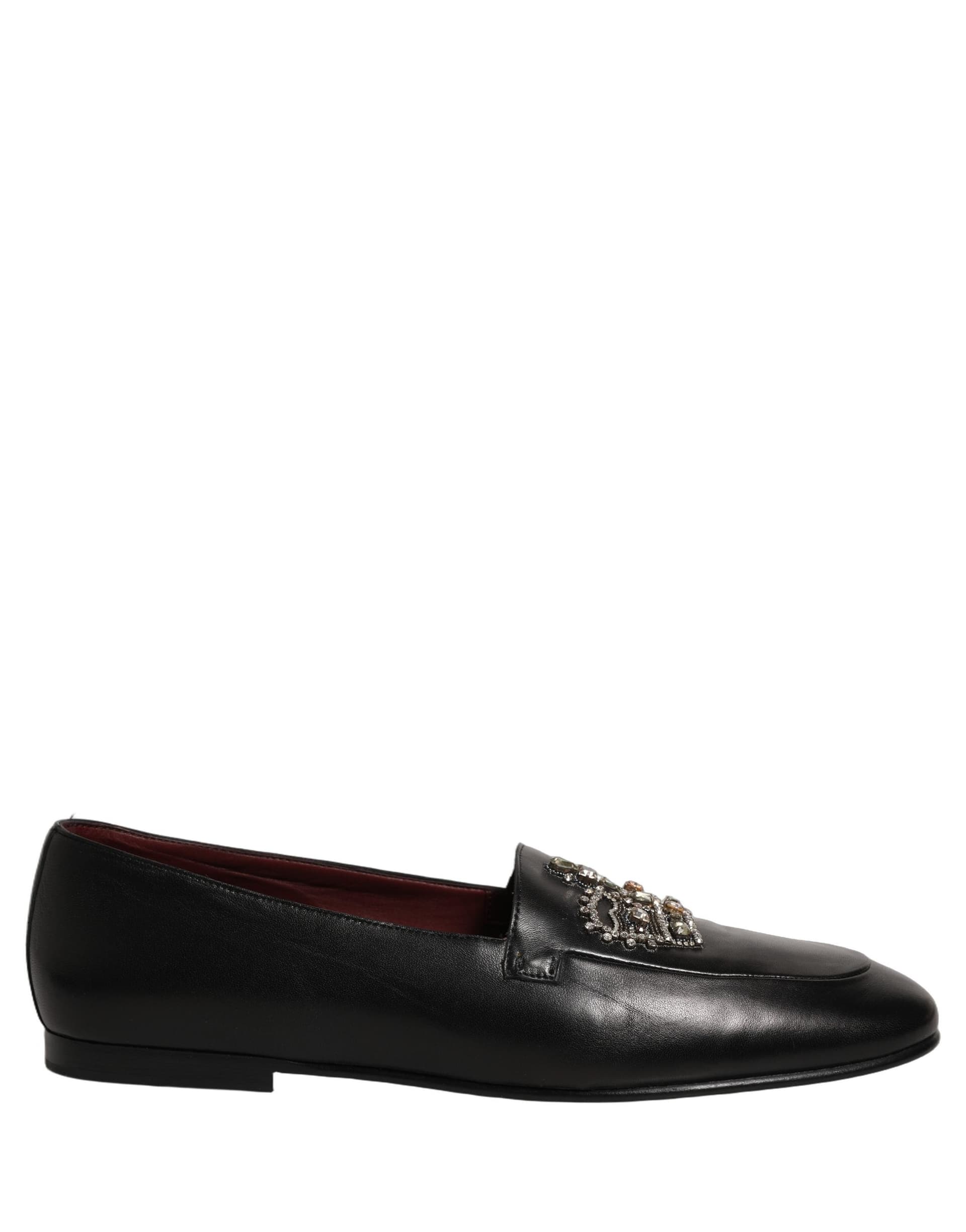 Dolce & Gabbana Black Leather Crown Embellished Loafers Shoes - 7