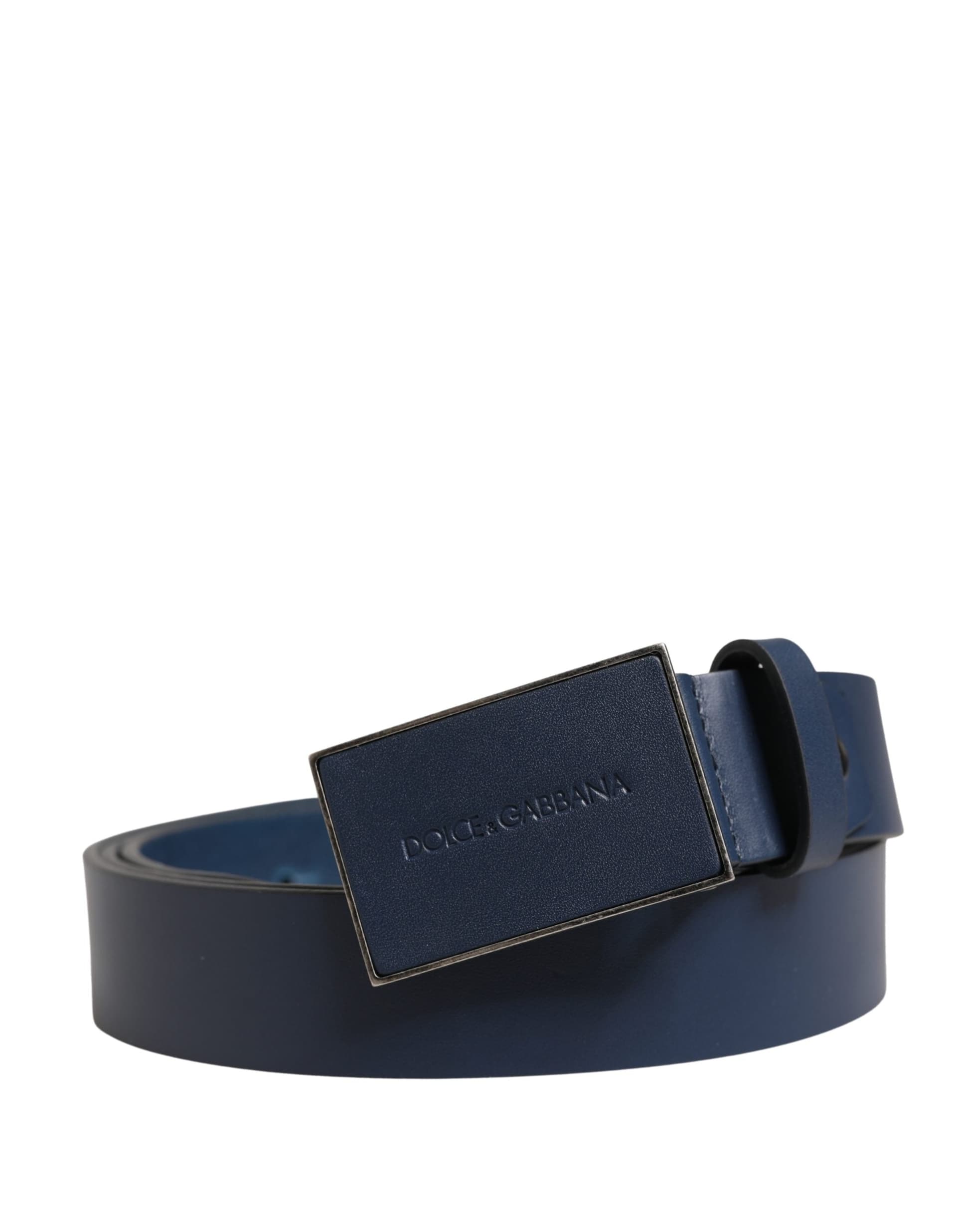 Dolce & Gabbana Men Blue Calf Leather Logo Metal Buckle Belt - 2