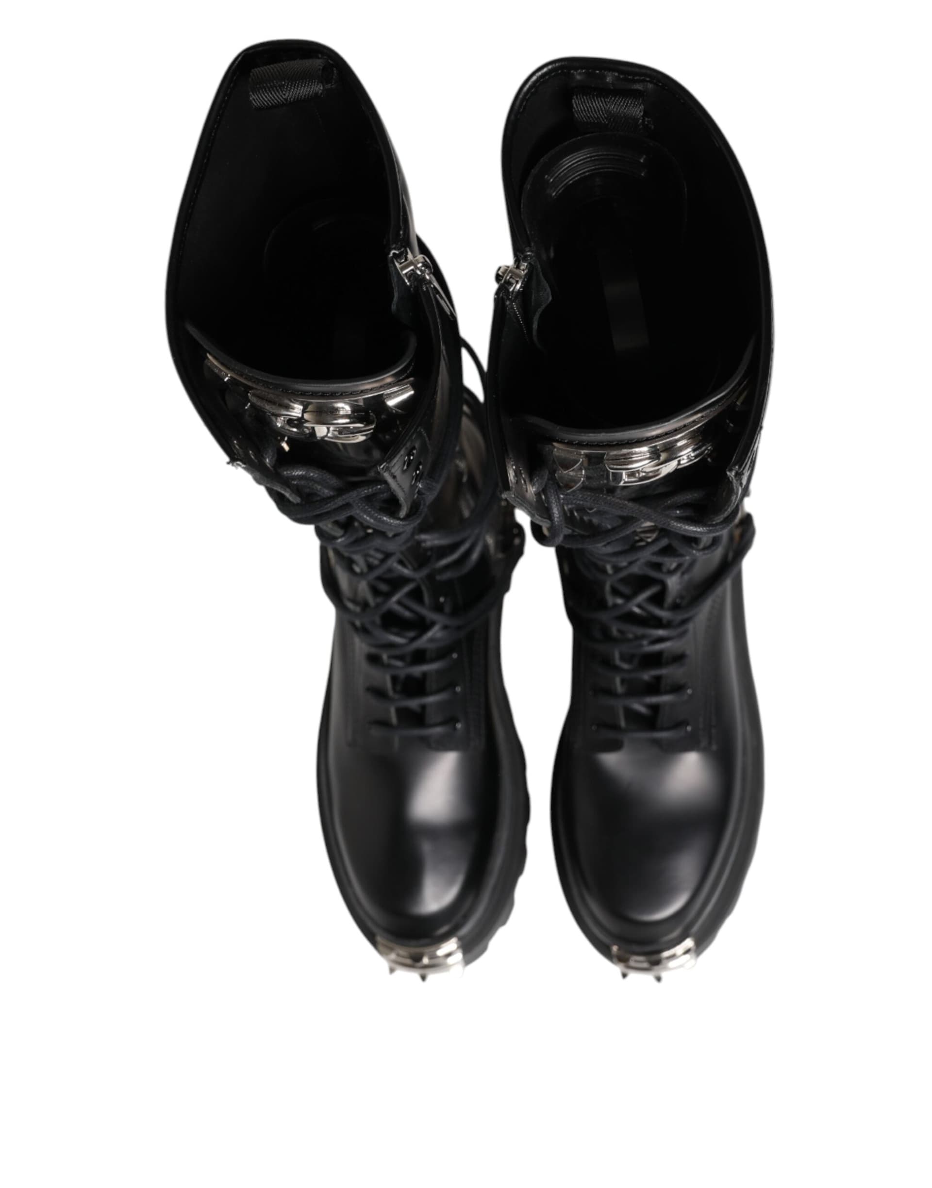 Dolce & Gabbana Black Leather Knee High Combat Boots Shoes - 2