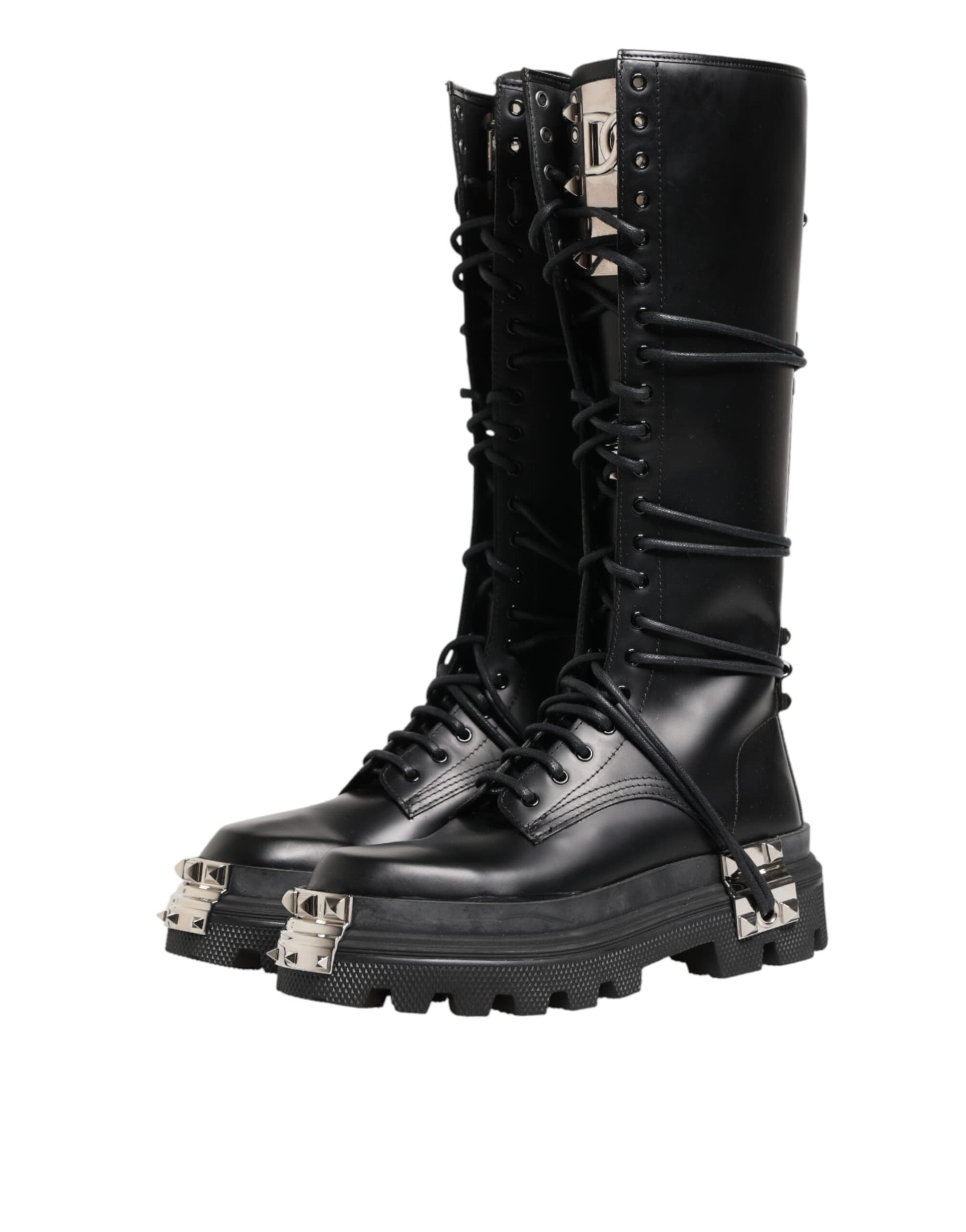 Dolce & Gabbana Black Leather Knee High Combat Boots Shoes - 3