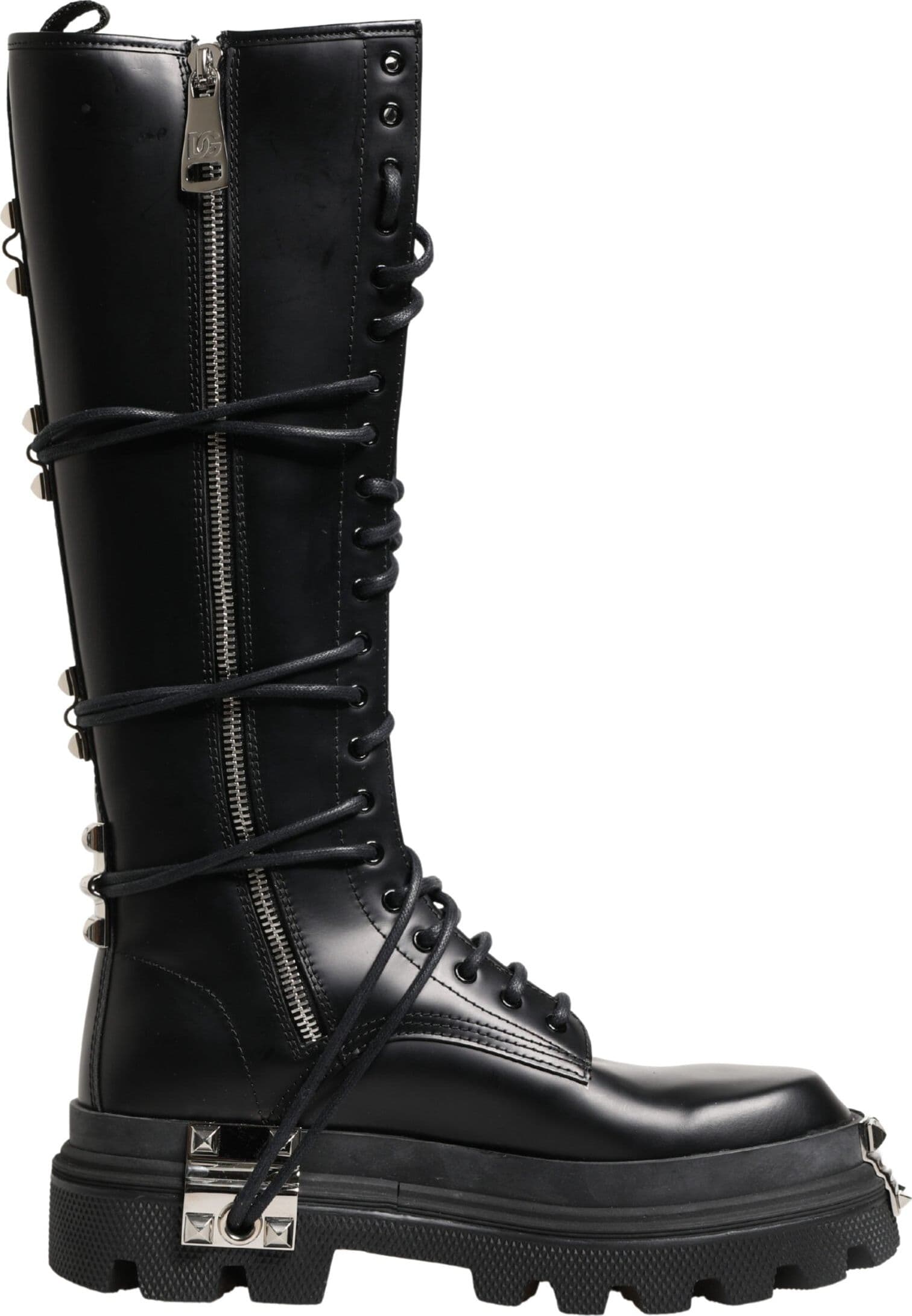 Dolce & Gabbana Black Leather Knee High Combat Boots Shoes - 7