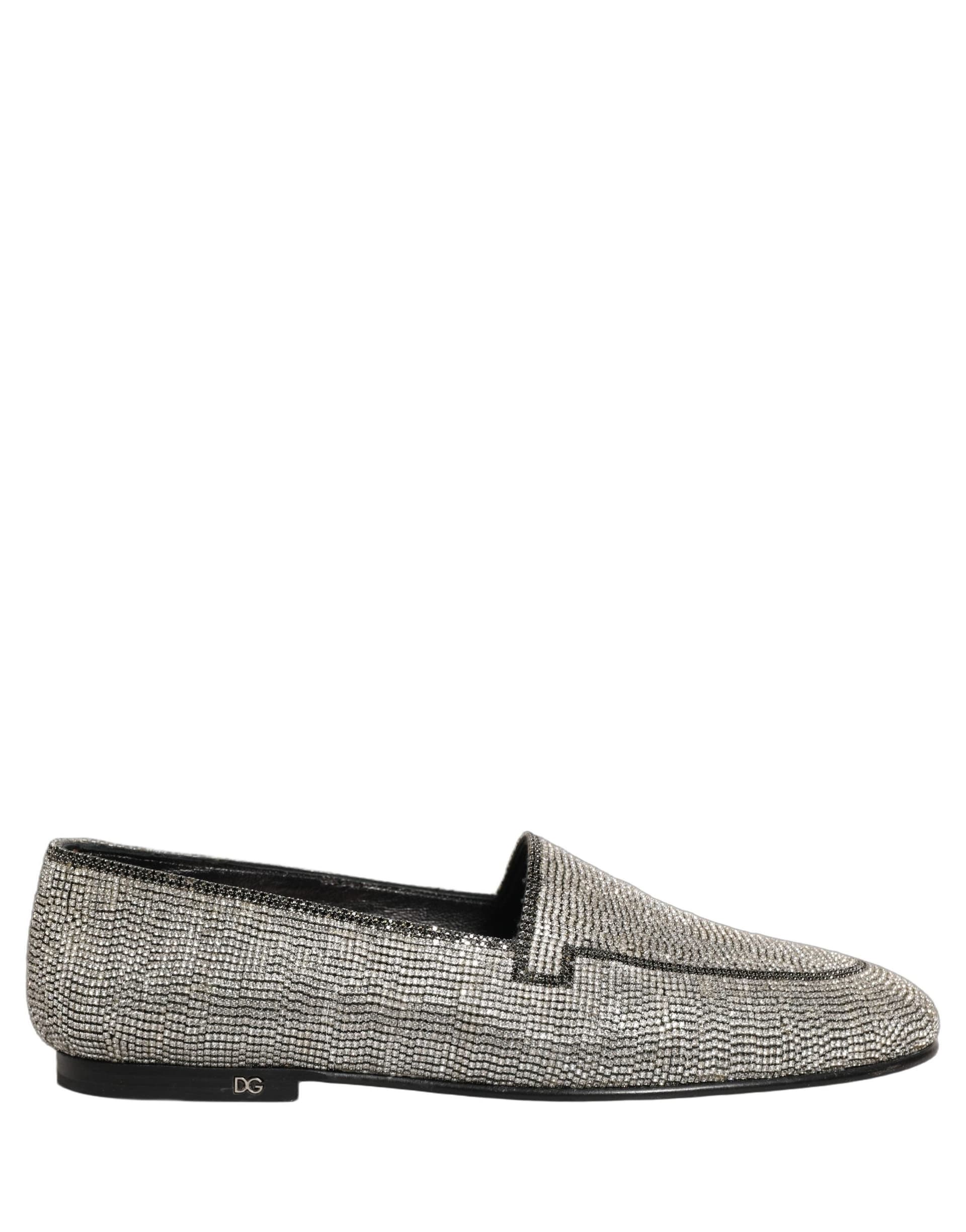 Dolce & Gabbana Silver Crystal Embellished Men Loafers Shoes - 7