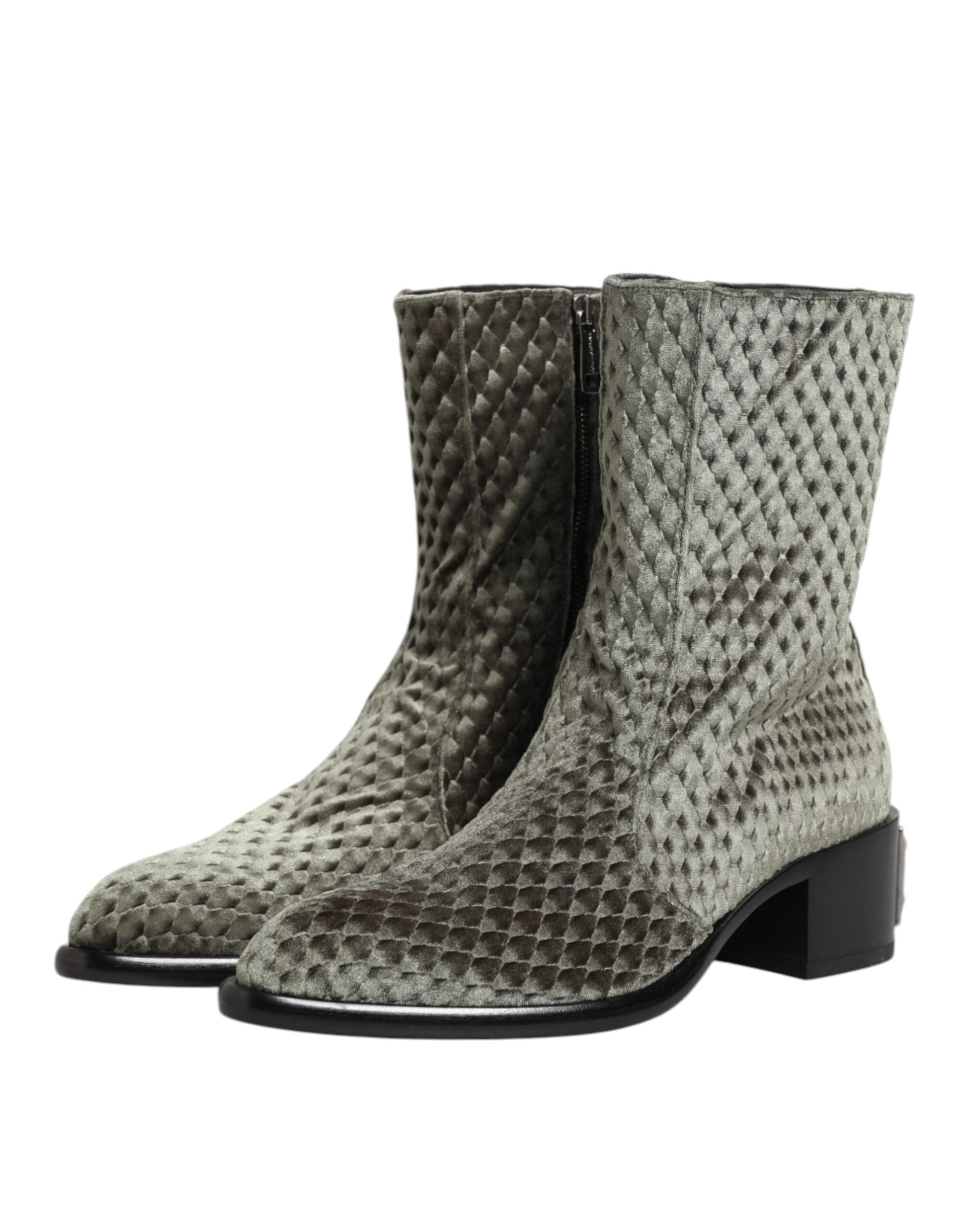 Dolce & Gabbana Gray Cotton Velvet Mid Calf Short Boots Shoes - 3