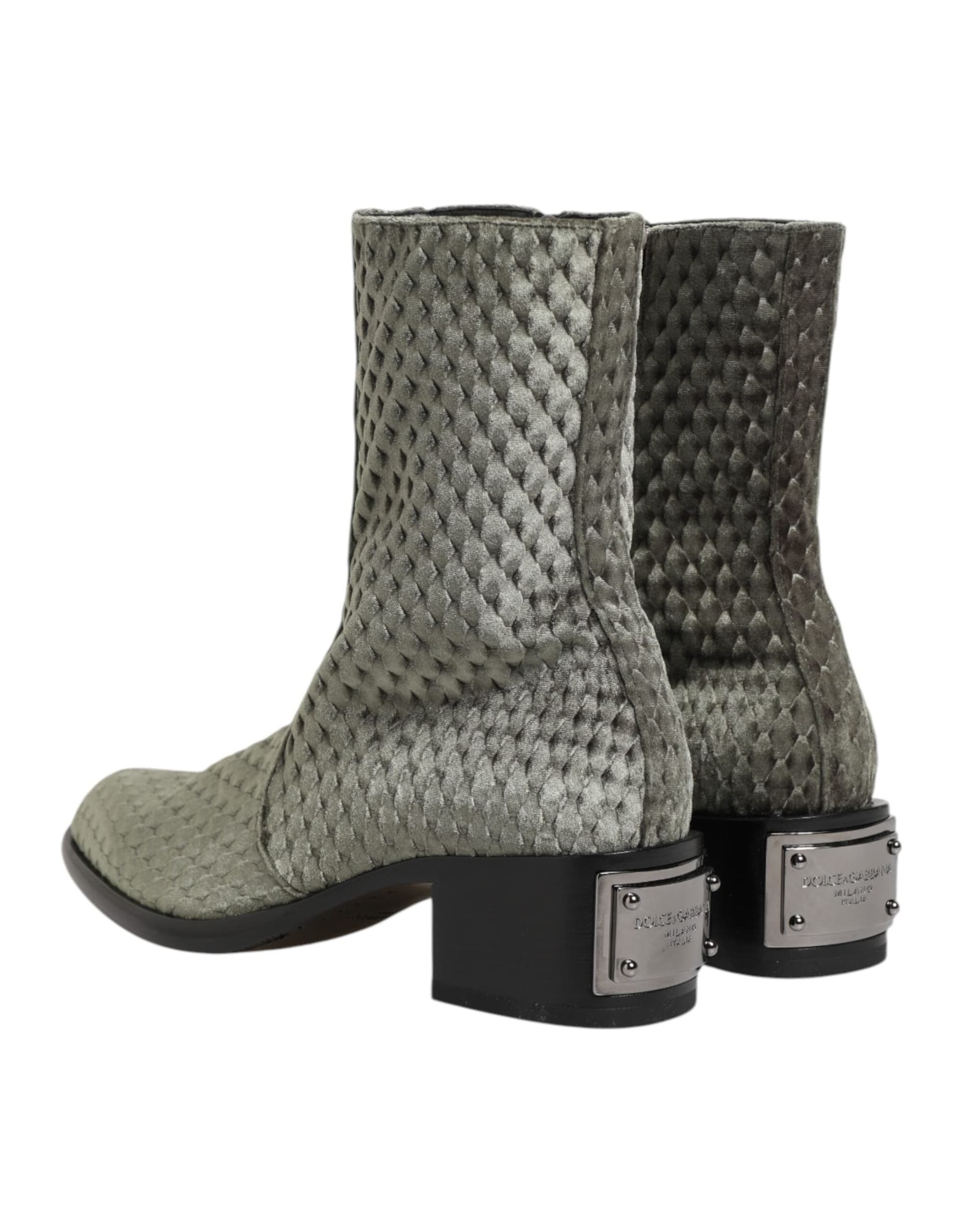 Dolce & Gabbana Gray Cotton Velvet Mid Calf Short Boots Shoes - 4