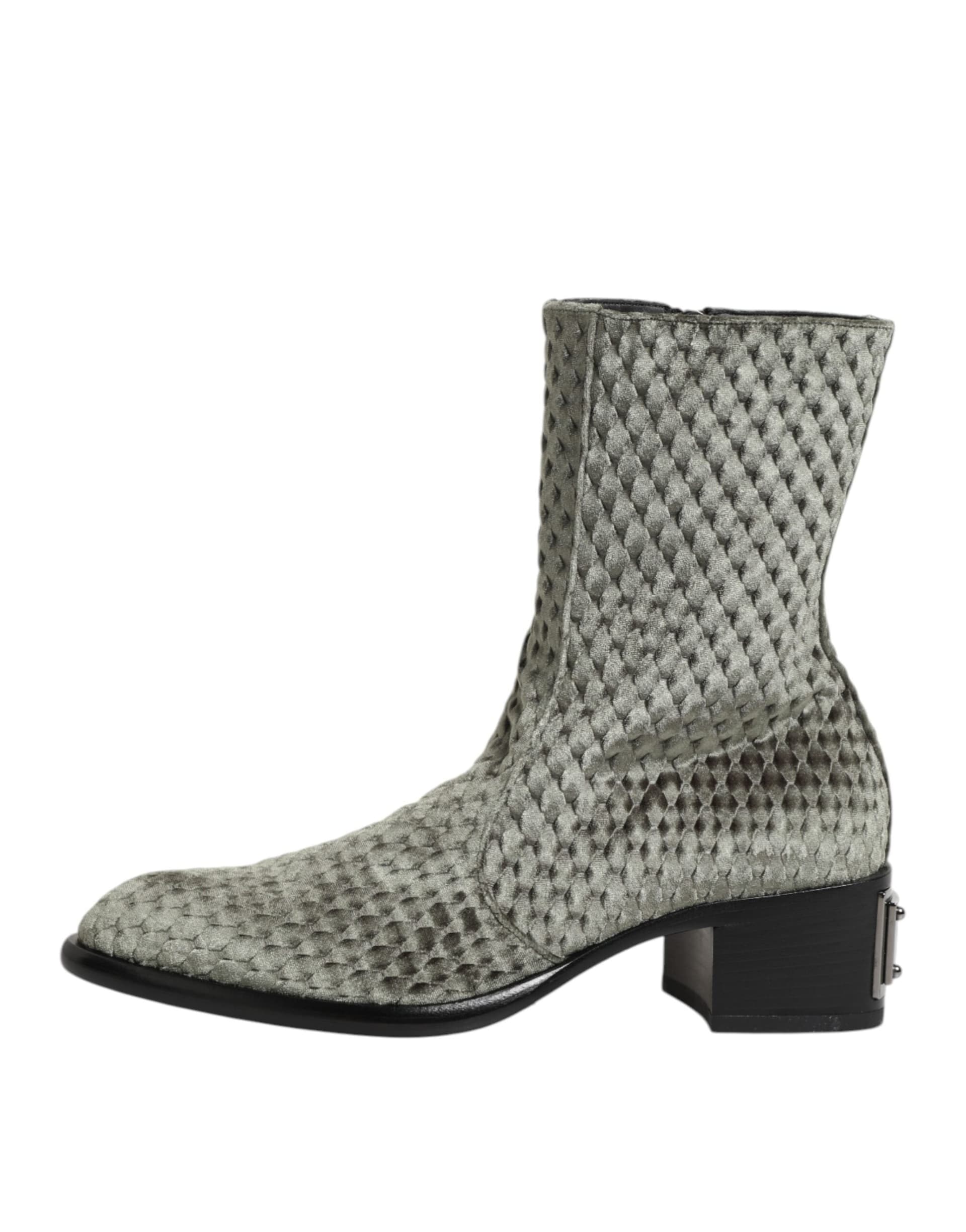 Dolce & Gabbana Gray Cotton Velvet Mid Calf Short Boots Shoes - 5