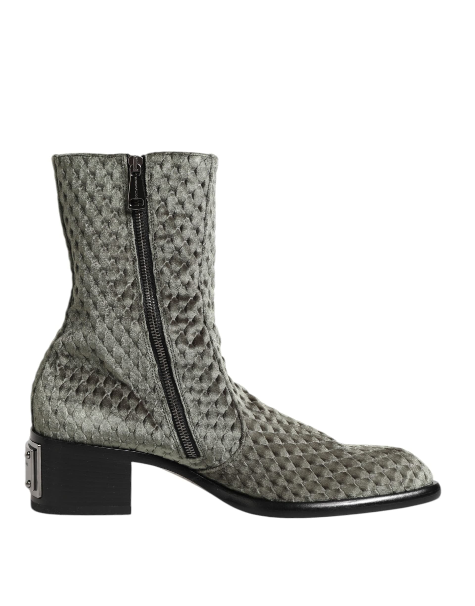 Dolce & Gabbana Gray Cotton Velvet Mid Calf Short Boots Shoes - 6