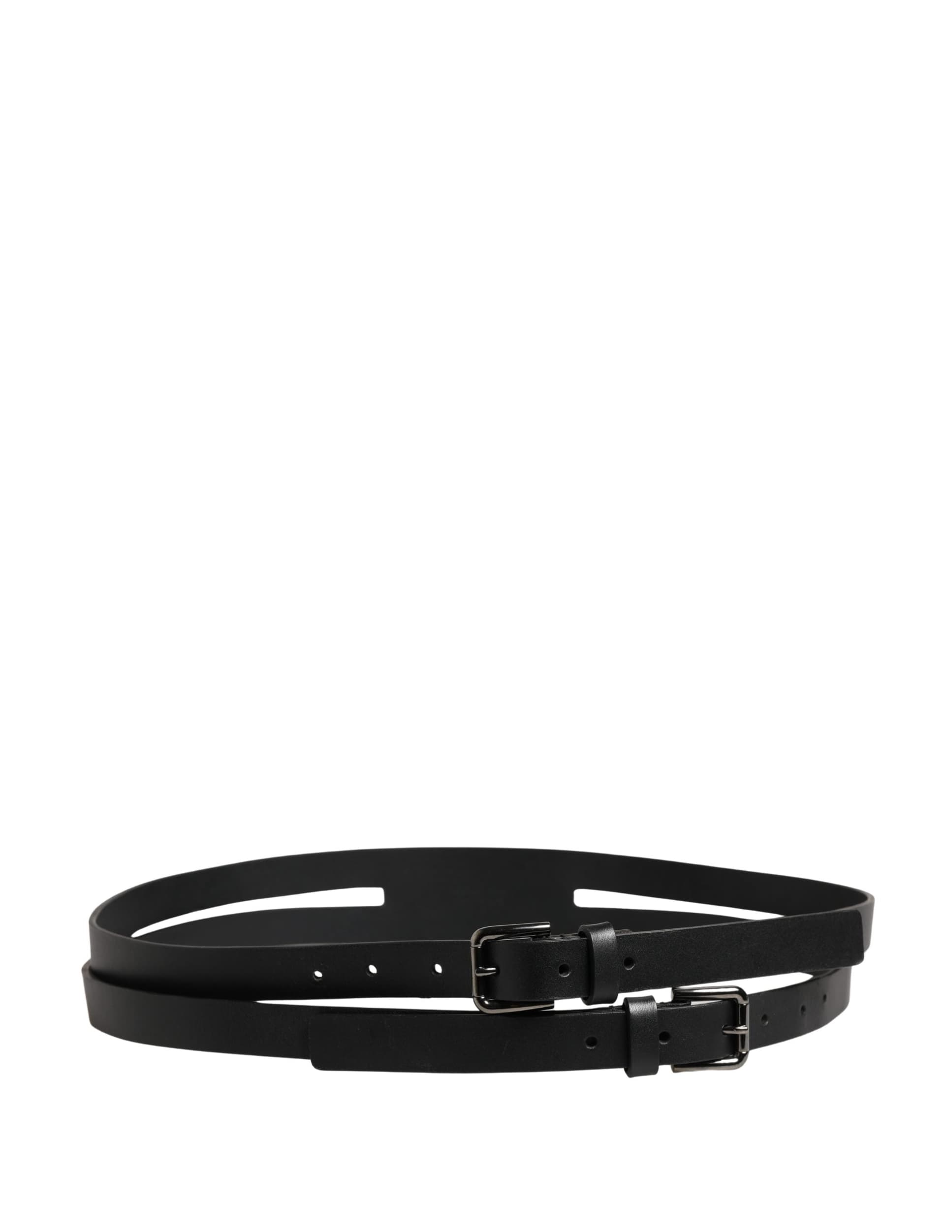 Dolce & Gabbana Black Double Strap Leather Silver Buckle Belt - 3