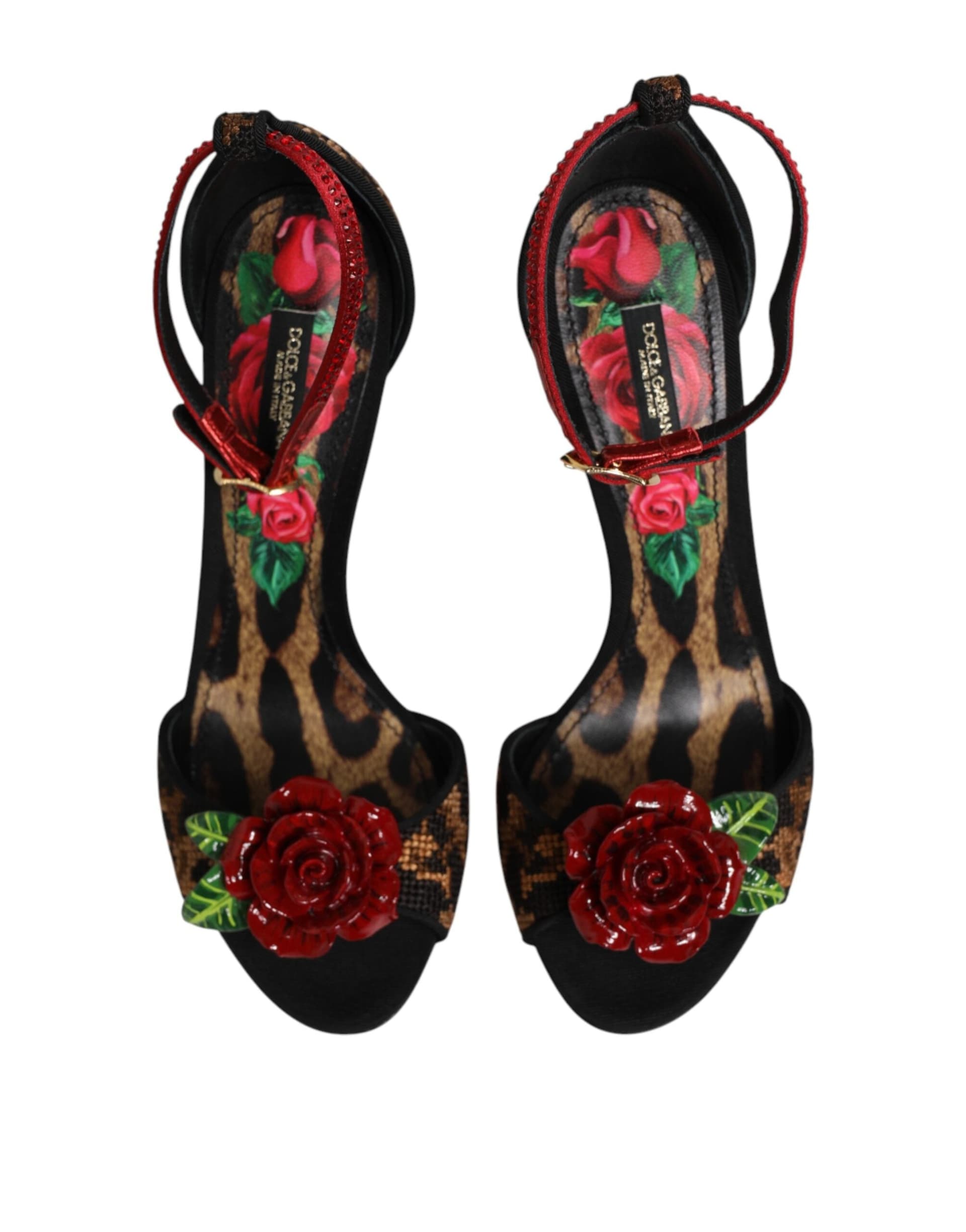 Dolce & Gabbana Brown Leopard Crystal Roses Sandals Shoes - 2