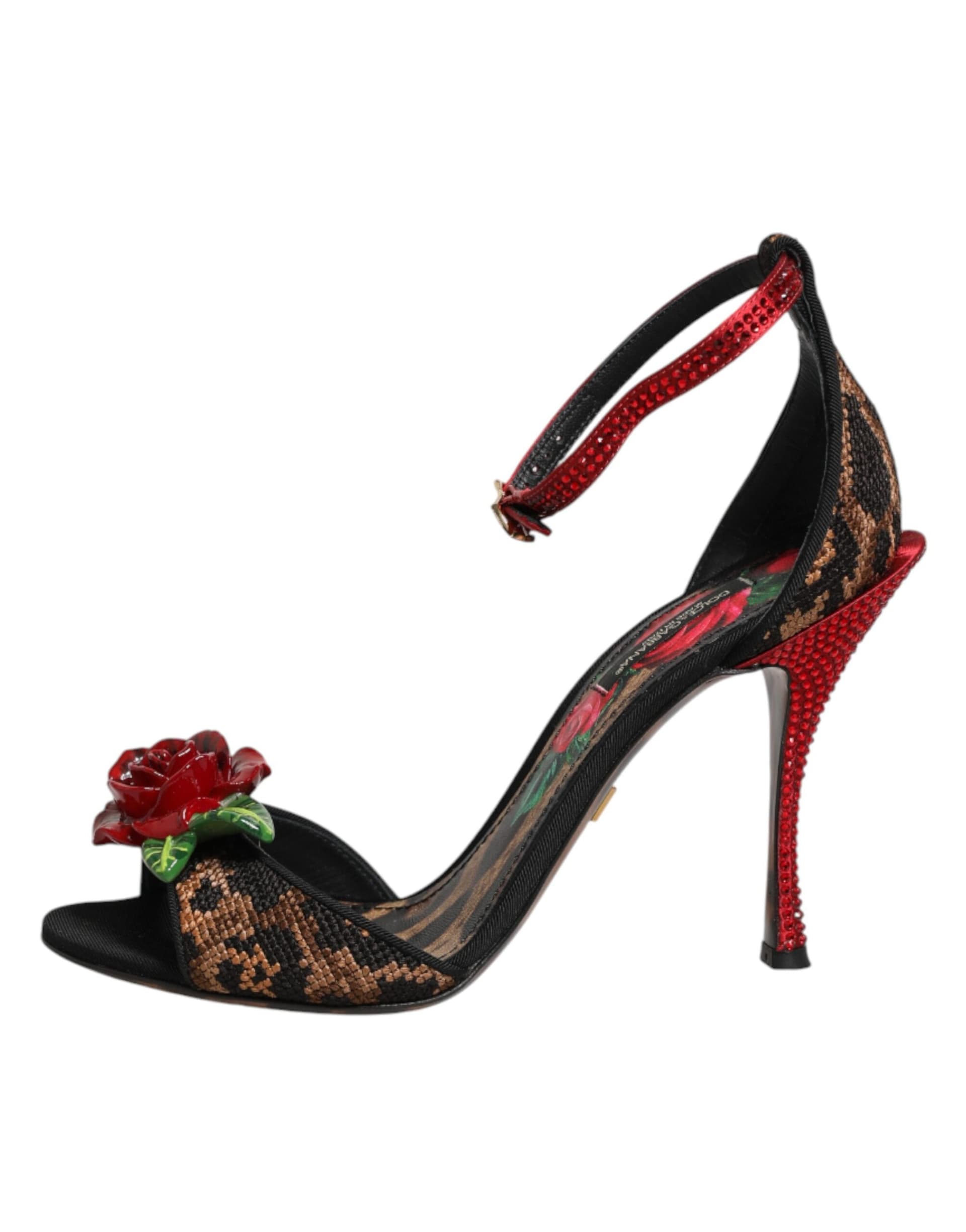 Dolce & Gabbana Brown Leopard Crystal Roses Sandals Shoes - 5