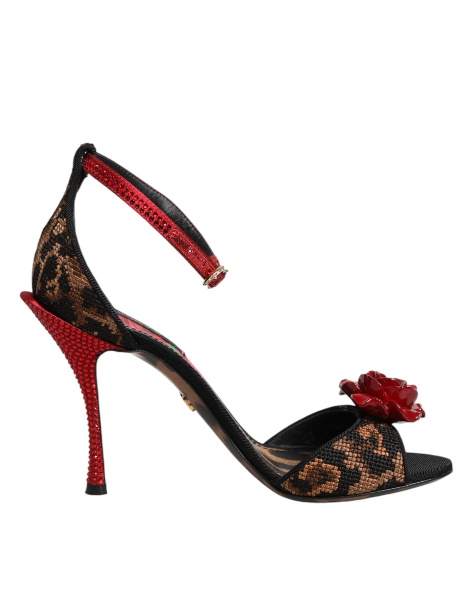 Dolce & Gabbana Brown Leopard Crystal Roses Sandals Shoes - 6