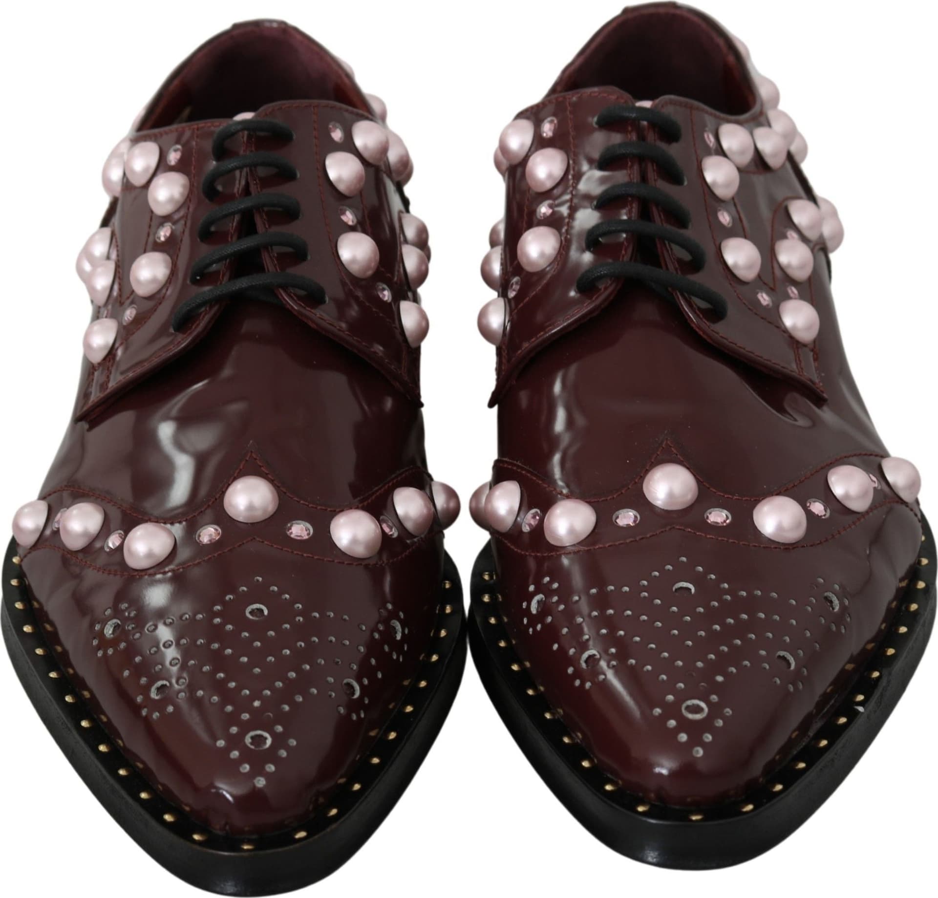Dolce & Gabbana Bordeaux Leather Crystal Pearls Formal Shoes - 2