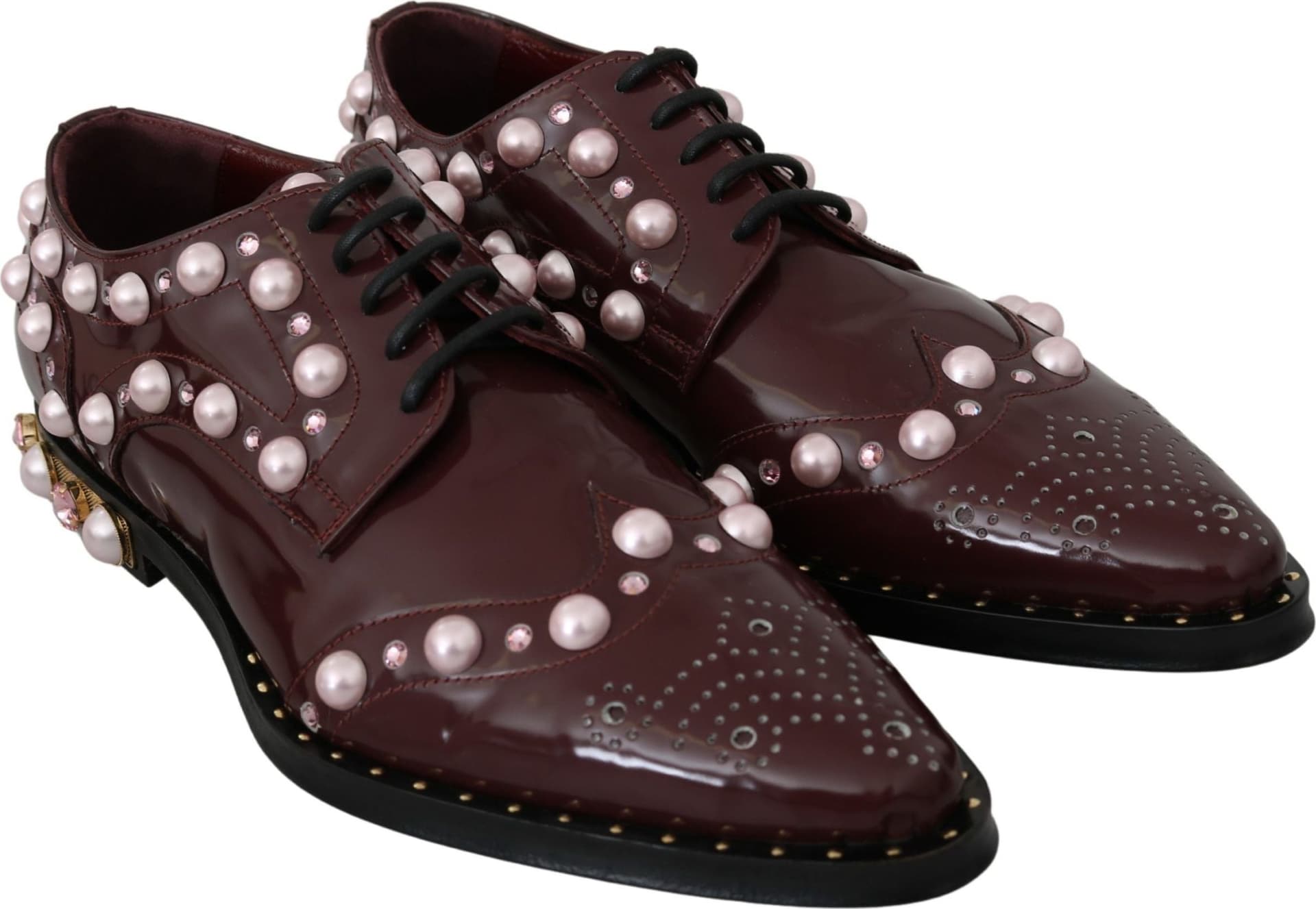 Dolce & Gabbana Bordeaux Leather Crystal Pearls Formal Shoes - 3
