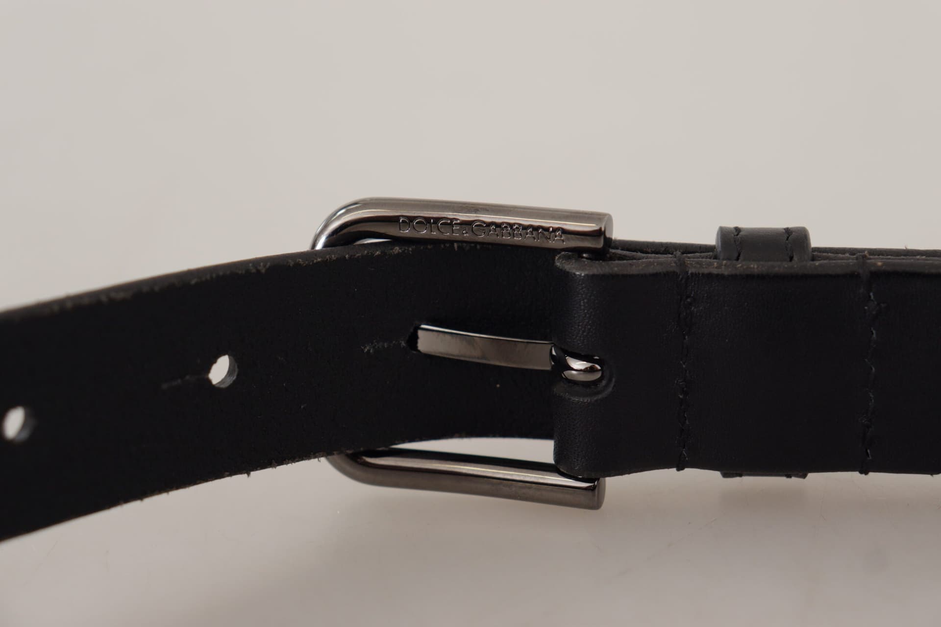 Dolce & Gabbana Black Calf Leather Logo Engraved Metal Buckle Belt - 4