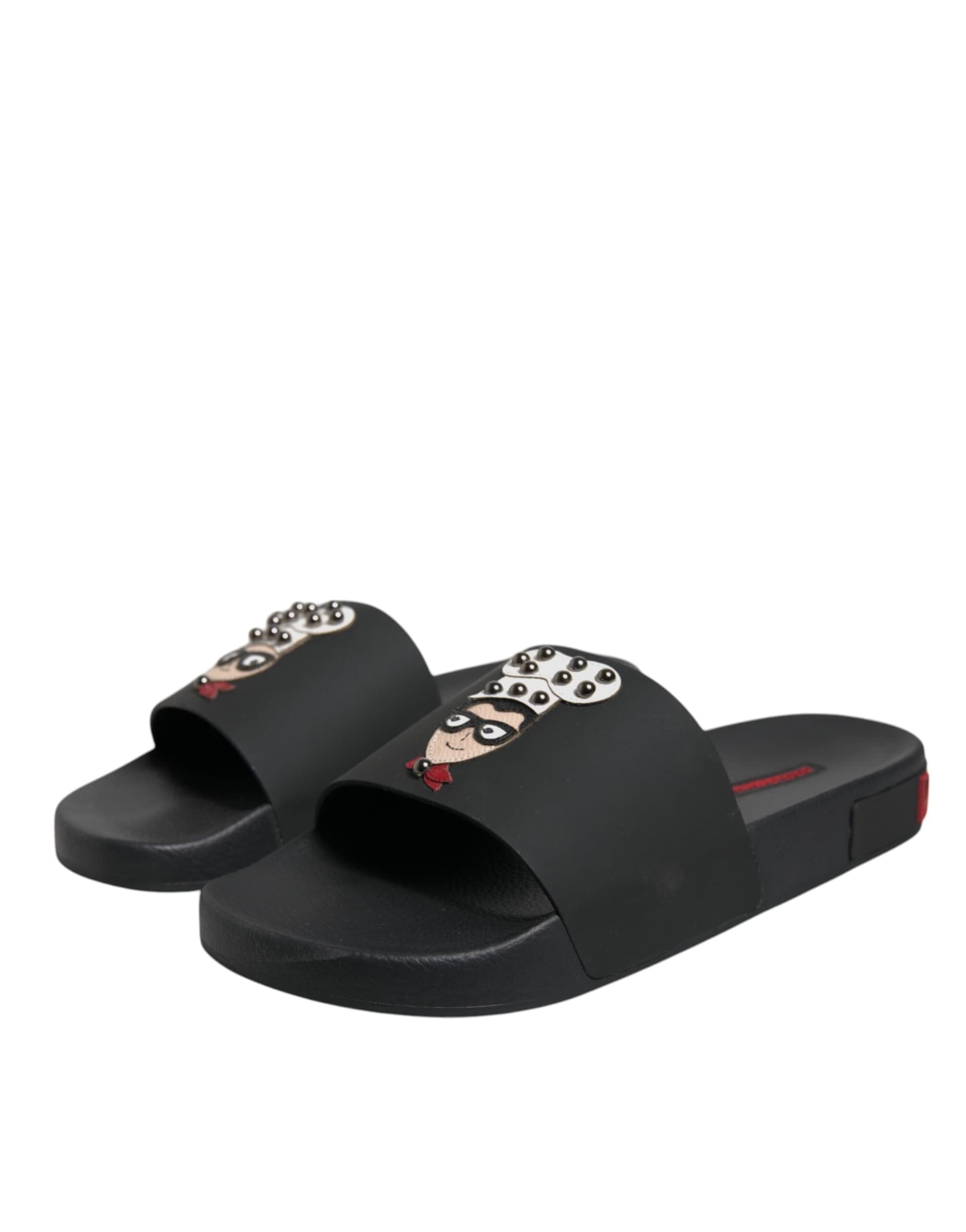 Dolce & Gabbana Black Leather Slides Sandals Beachwear Shoes - 2